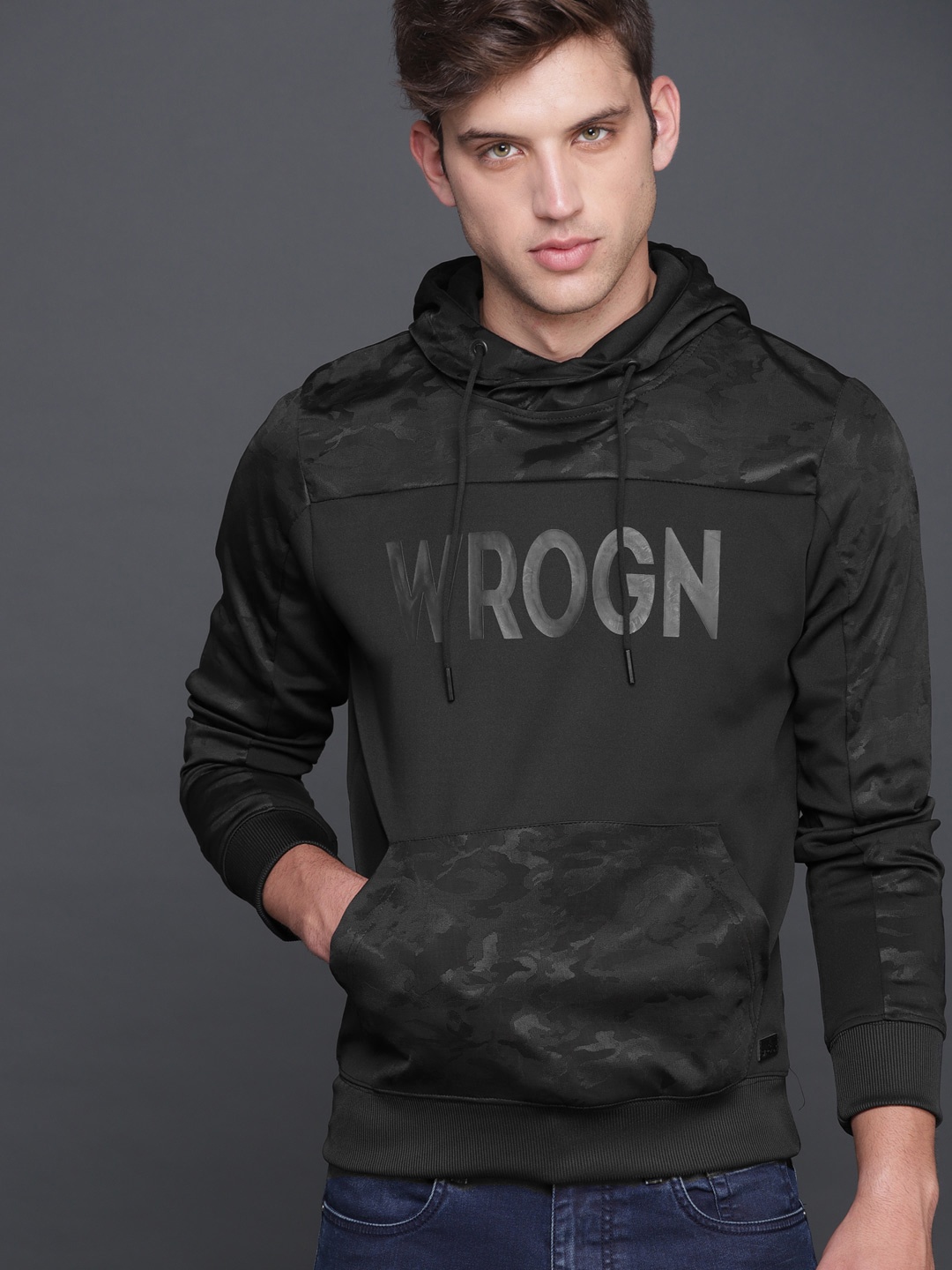 

WROGN Men Black Printed Hooded Sweatshirt