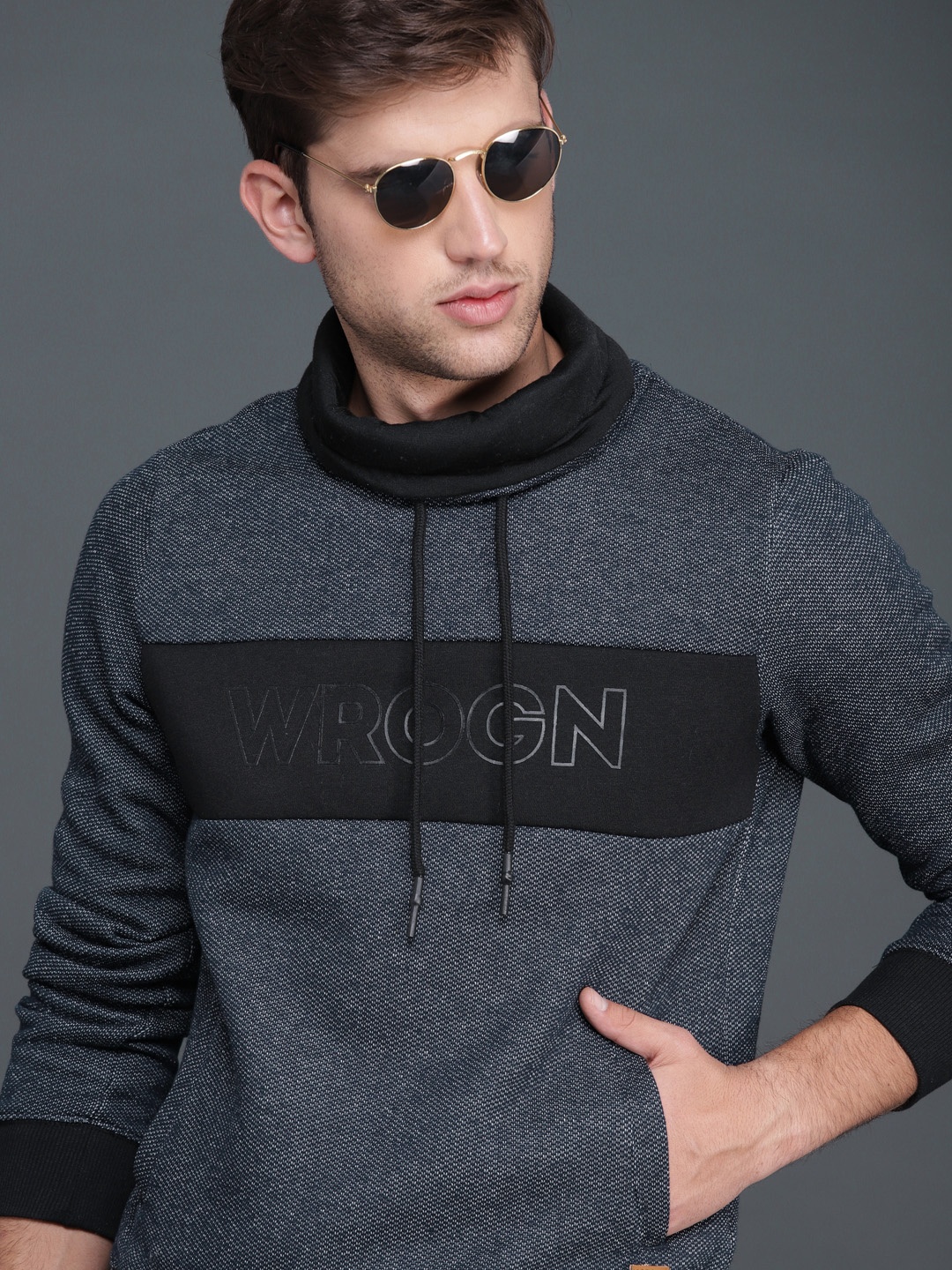 

WROGN Men Navy Blue & Black Self Design Sweatshirt