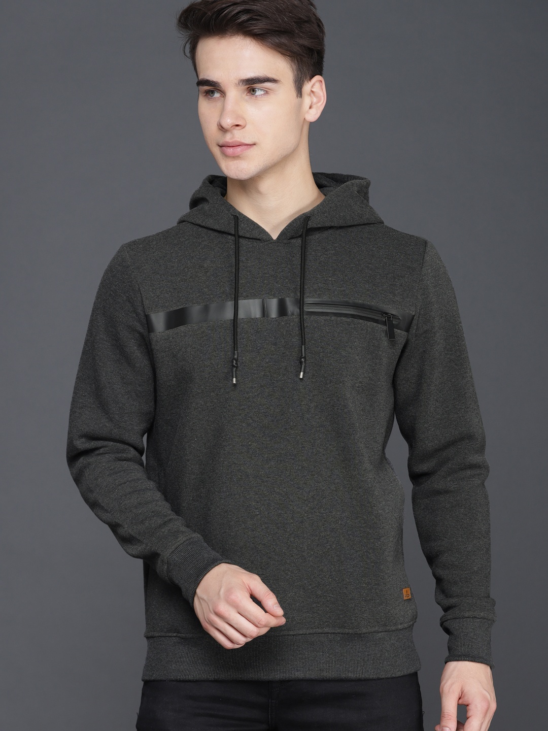 

WROGN Men Charcoal Grey Solid Hooded Sweatshirt