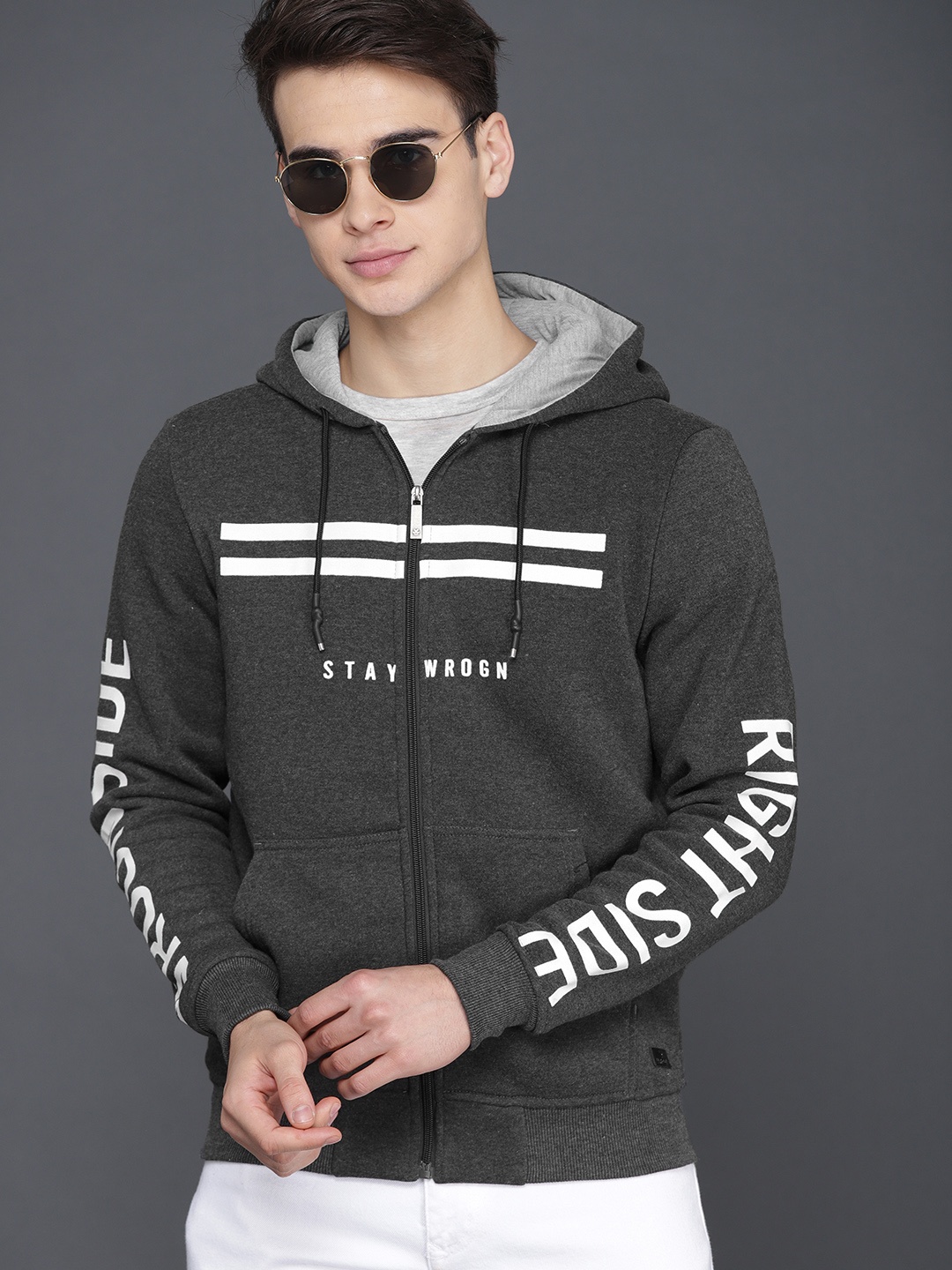

WROGN Men Grey Melange Printed Hooded Sweatshirt