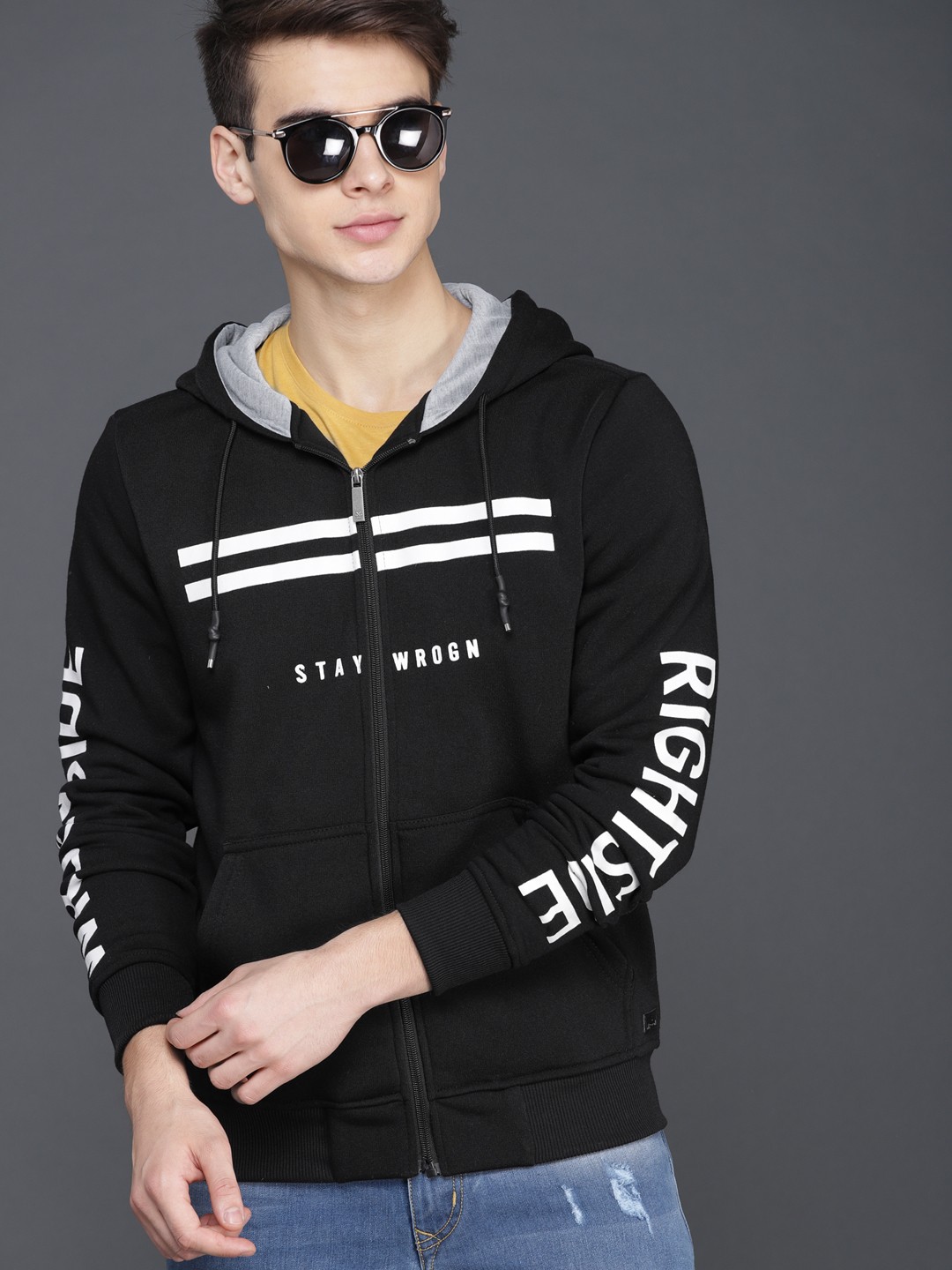 

WROGN Men Black Printed Hooded Sweatshirt