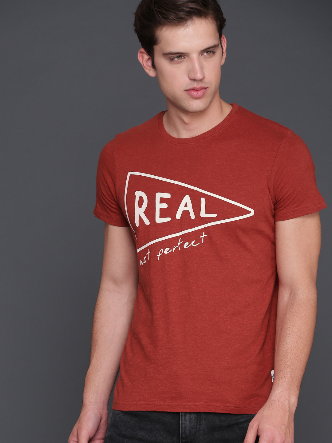 

WROGN Men Rust Orange Slim Fit Printed Round Neck T-shirt