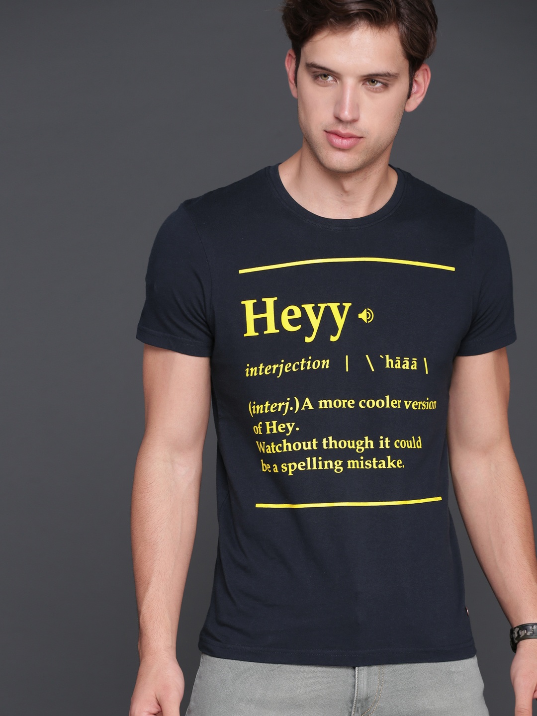 

WROGN Men Navy Blue Printed Round Neck Pure Cotton T-shirt