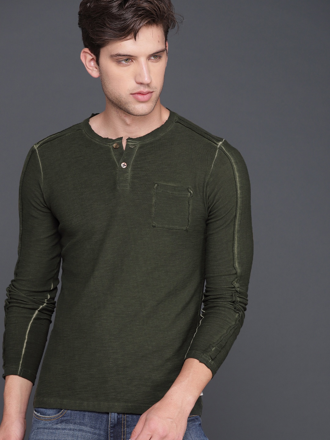 

WROGN Men Olive Green Henley Neck Slim Fit Cotton Pure Cotton T-shirt