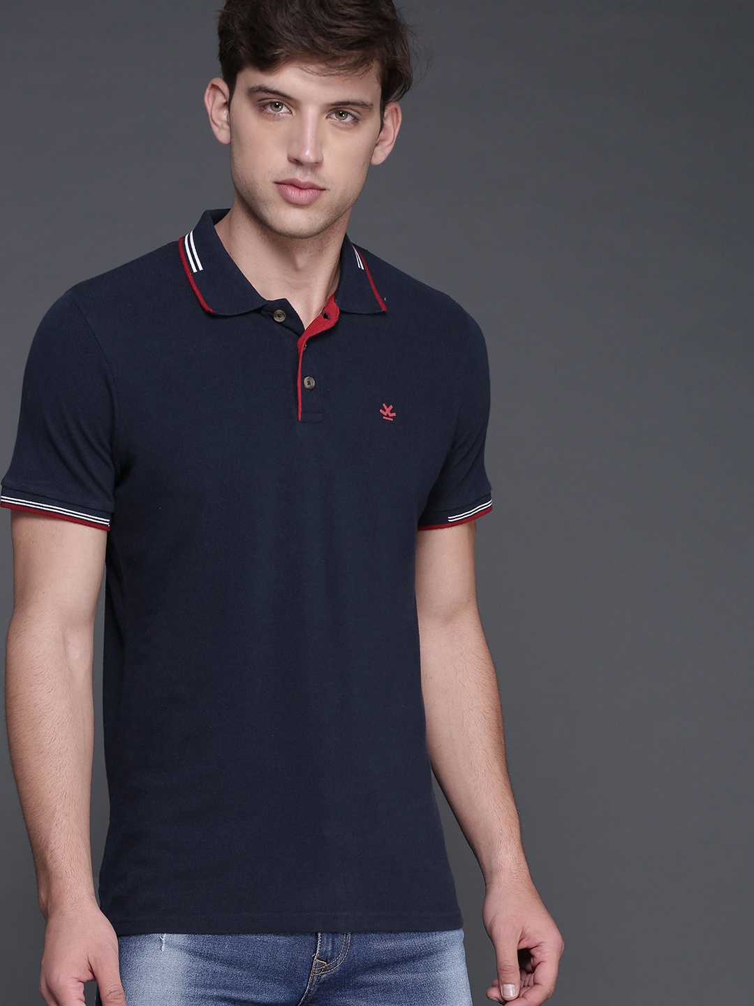 

WROGN Men Navy Blue Solid Polo Collar Pure Cotton T-shirt