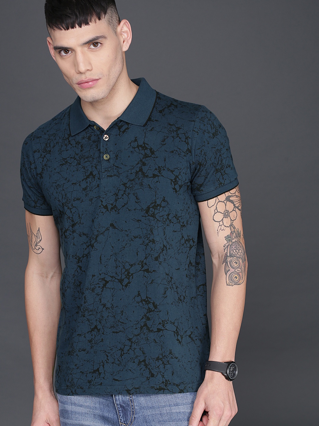 

WROGN Men Navy Blue Printed Polo Collar T-shirt