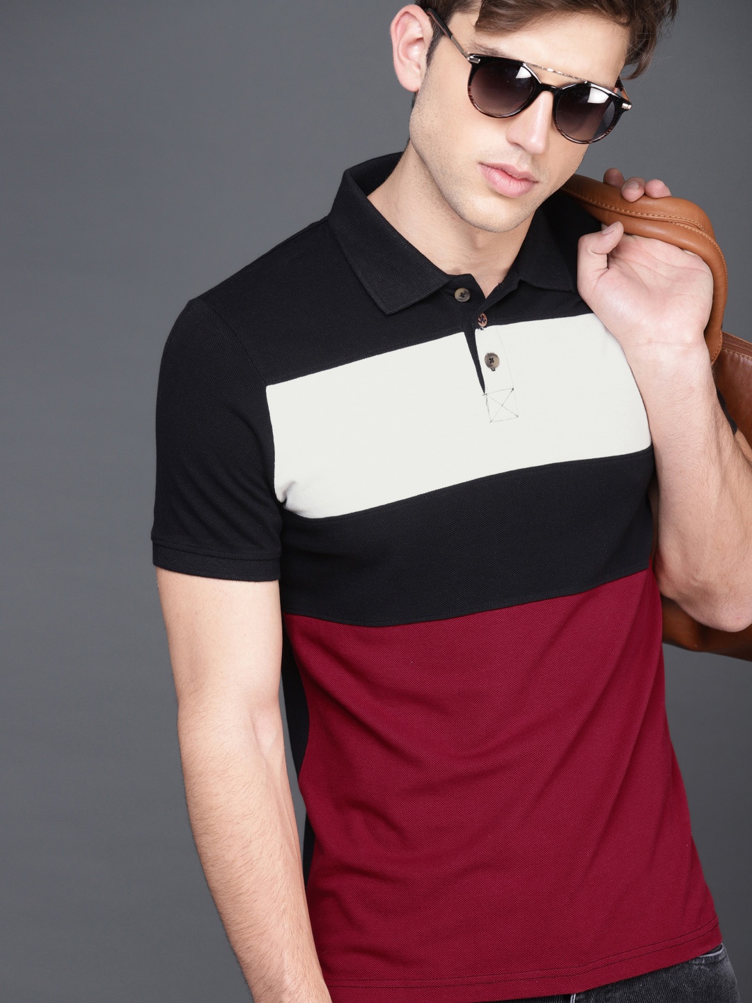 

WROGN Men Black Red Colourblocked Polo Collar Pure Cotton T-shirt