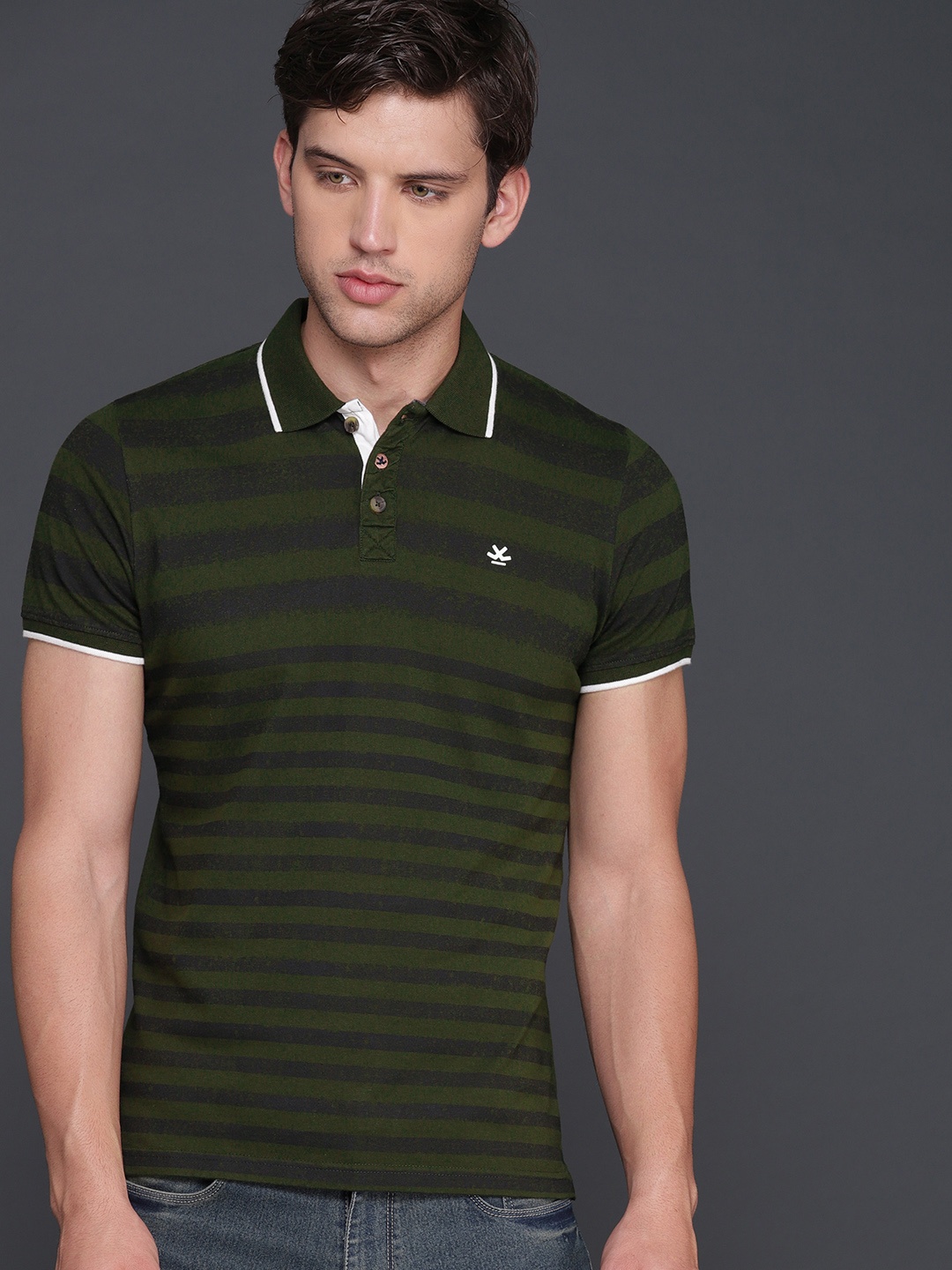 

WROGN Men Olive Green Striped Polo Collar Slim Fit Pure Cotton T-shirt