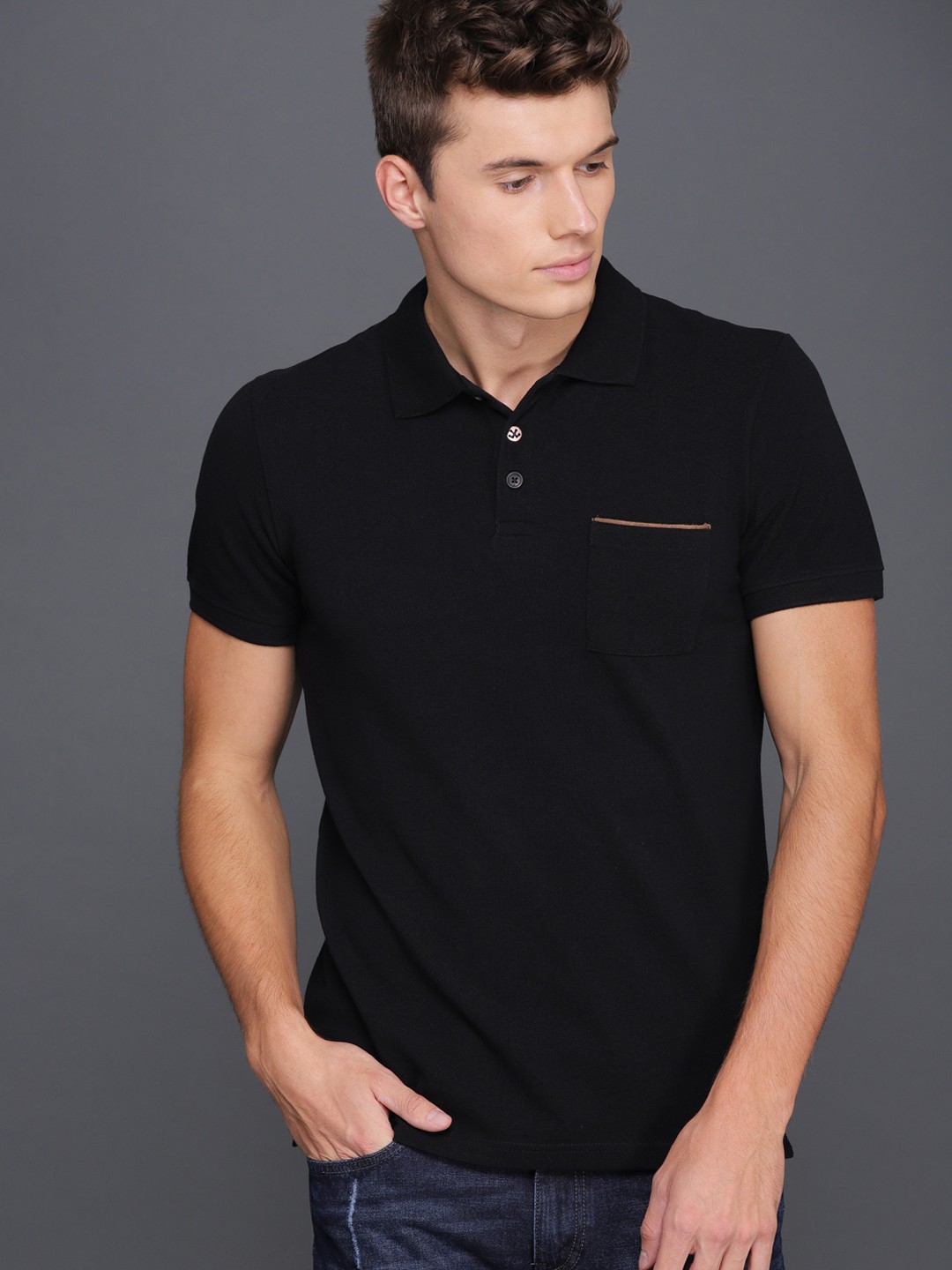 

WROGN Men Black Polo Collar Slim Fit Cotton T-shirt