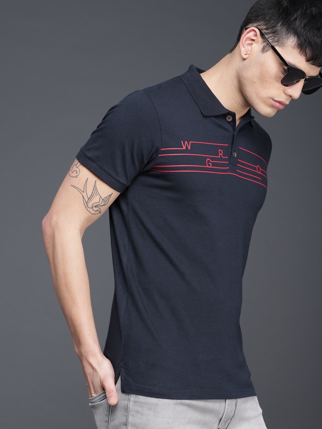 

WROGN Men Navy Printed Polo Collar T-shirt, Navy blue