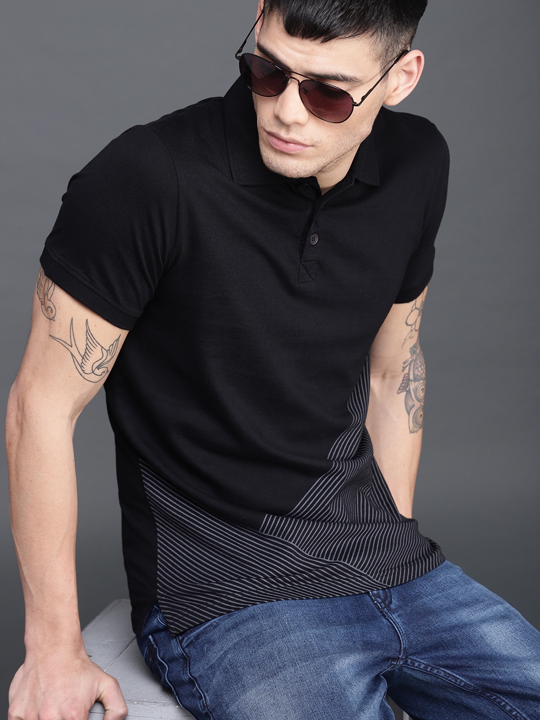 

WROGN Men Black Striped Polo Collar T-shirt