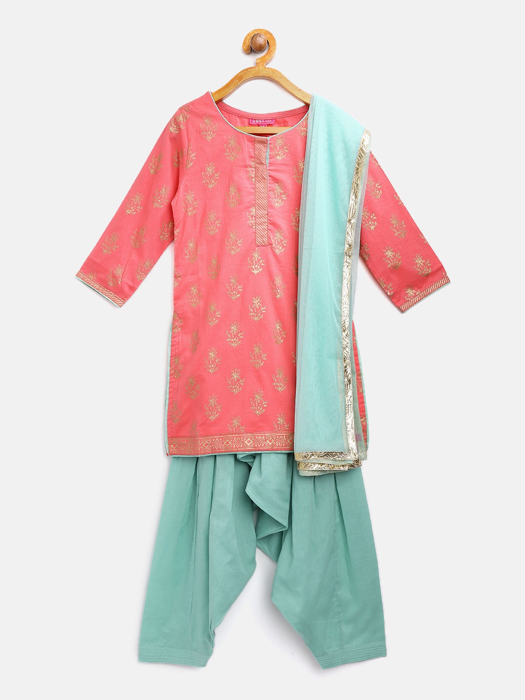 

Biba Girls Peach-Coloured & Green Printed Kurta with Salwar & Dupatta