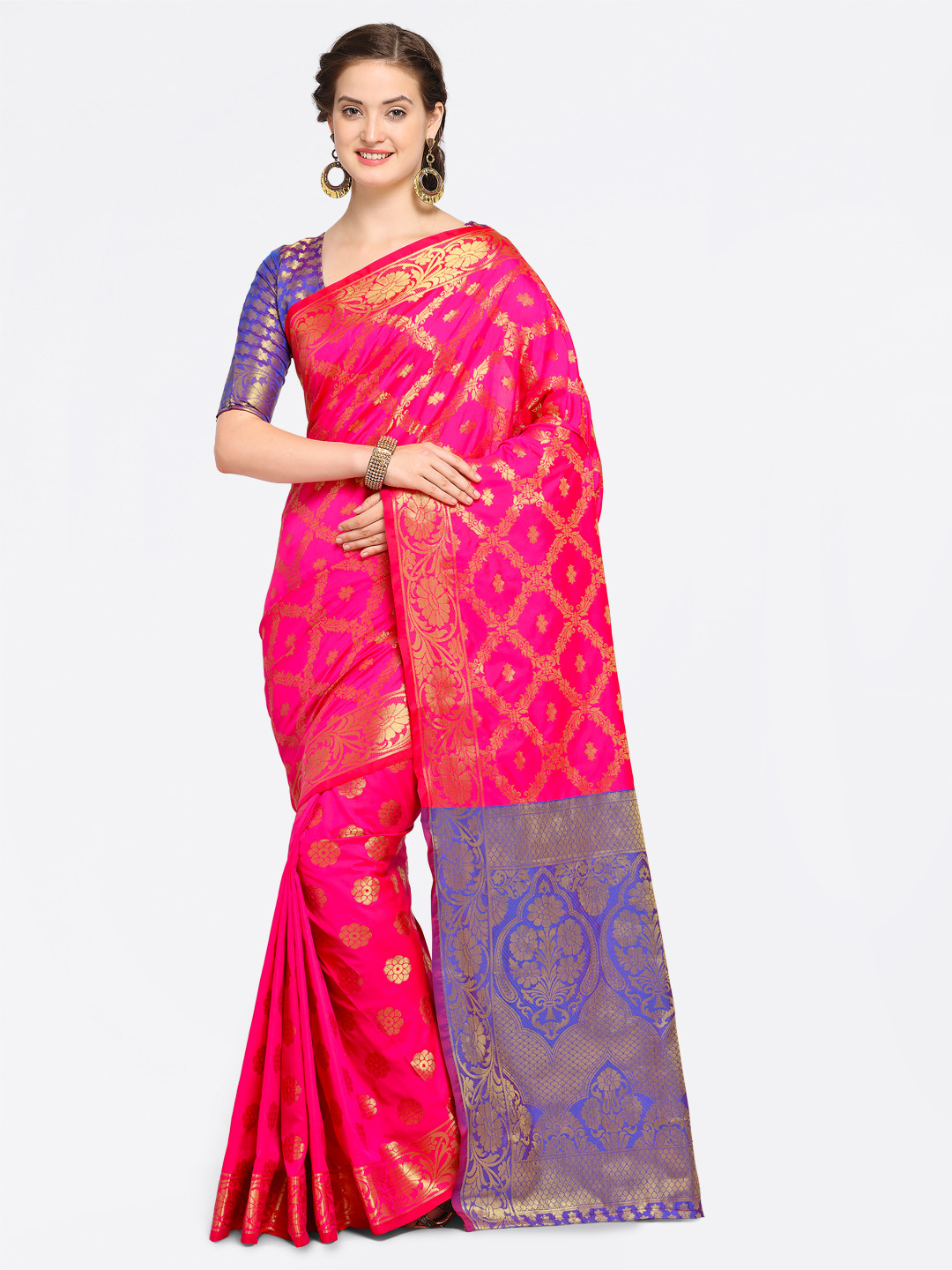 

Saree mall Pink Silk Blend Woven Design Kanjeevaram Saree