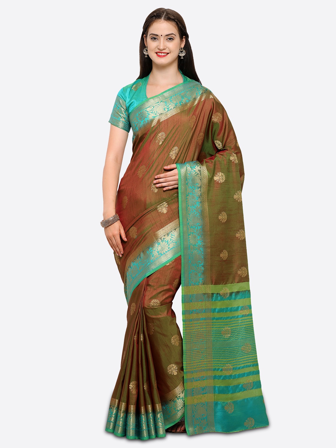 

Saree mall Brown & Turquoise Blue Silk Blend Woven Design Kanjeevaram Saree
