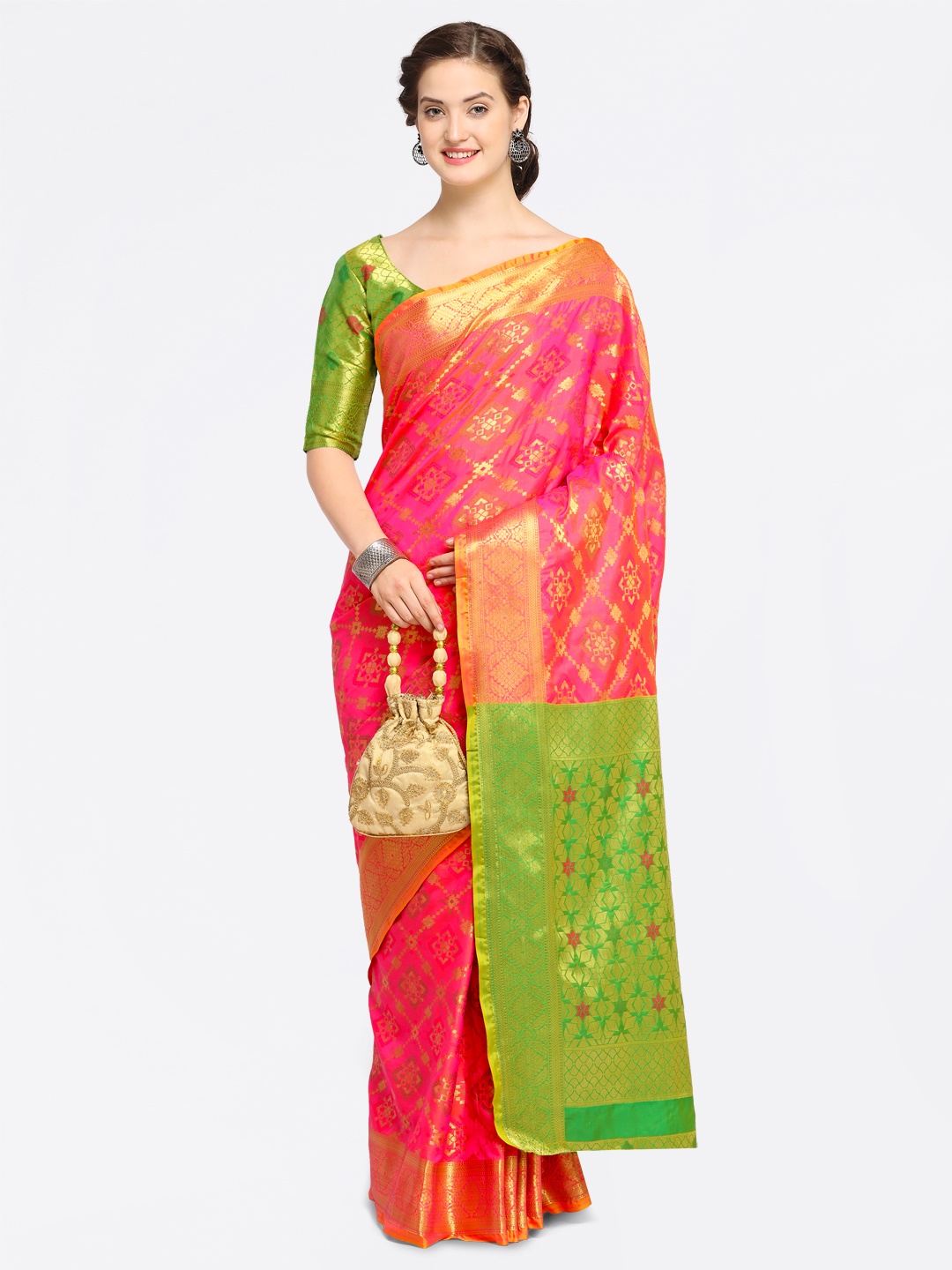 

Saree mall Pink Silk Blend Woven Design Kanjeevaram Saree