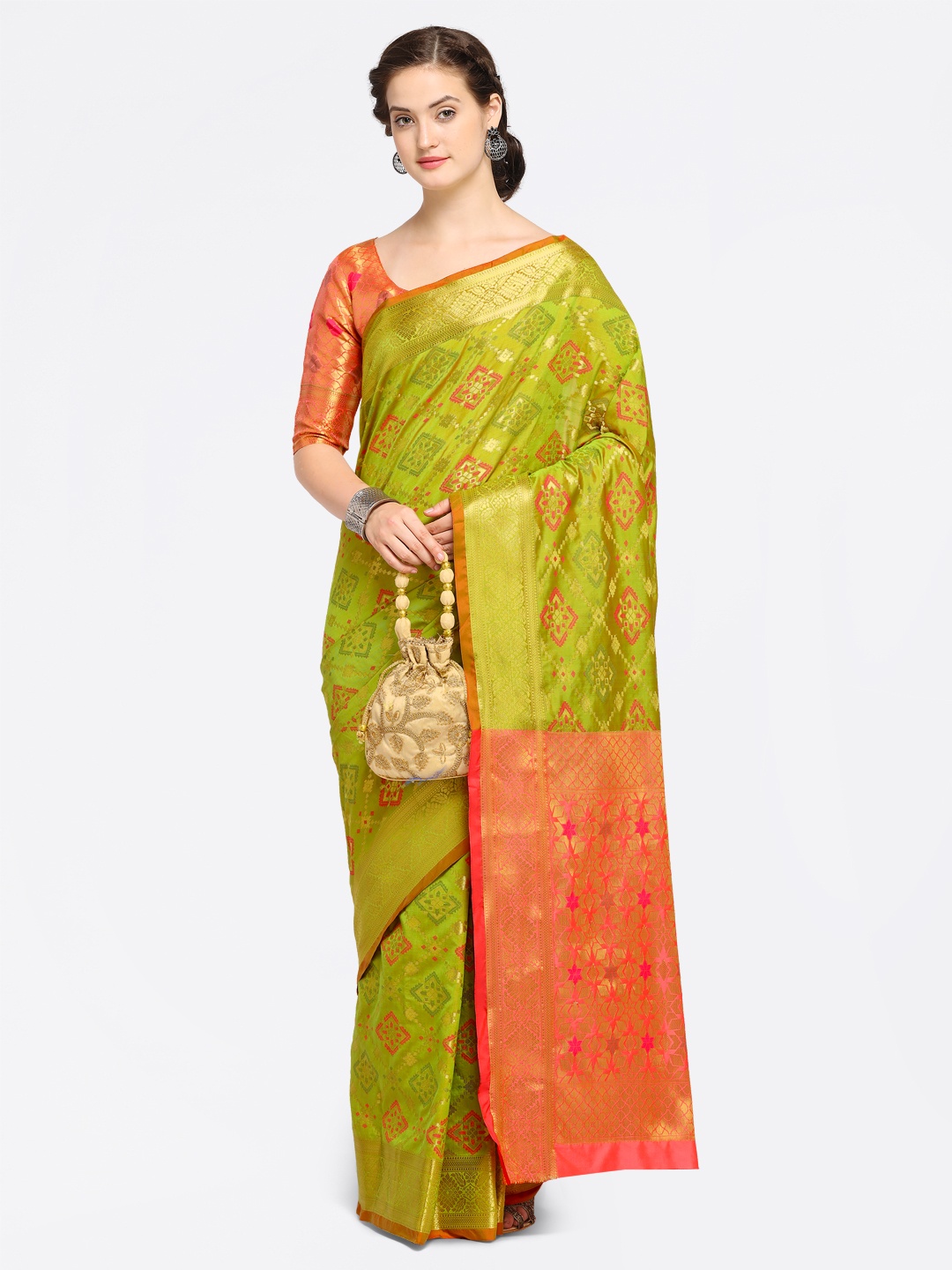 

Saree mall Green Silk Blend Woven Design Kanjeevaram Saree