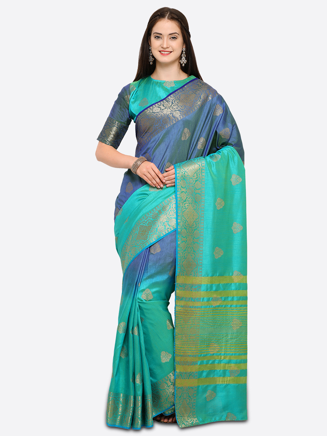 

Saree mall Sea Green Silk Blend Woven Design Kanjeevaram Saree