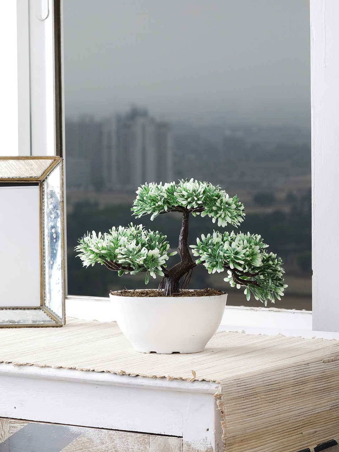 

FOLIYAJ Three-Headed Artificial Bonsai Tree with Pot, White