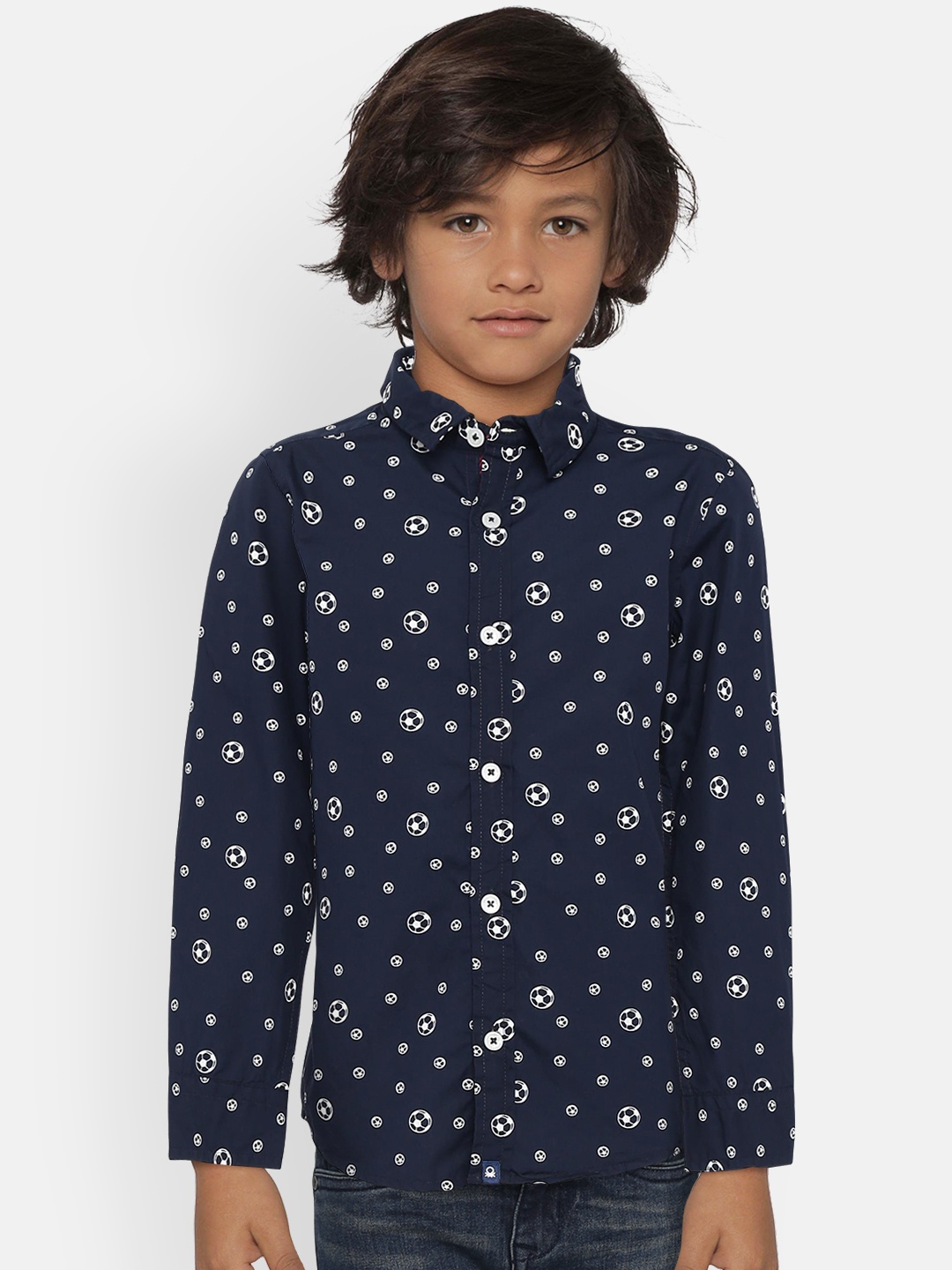 

United Colors of Benetton Boys Navy Blue & White Regular Fit Printed Casual Shirt