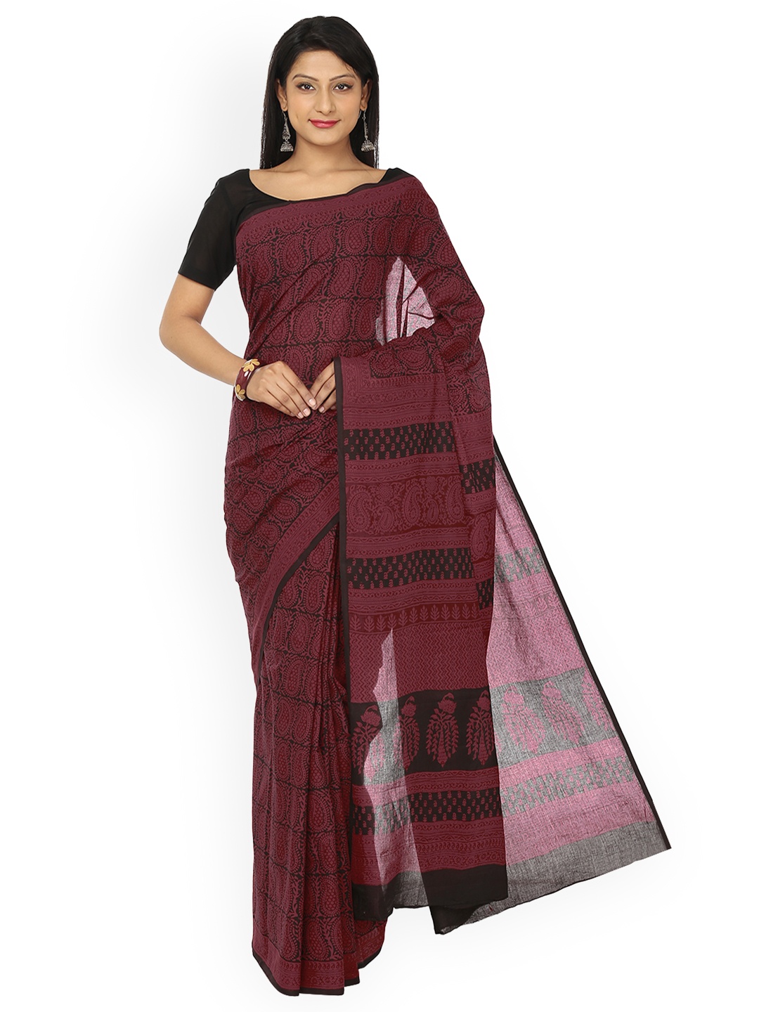 

Kalakari India Maroon & Black Pure Cotton Printed Bagh Sustainable Saree