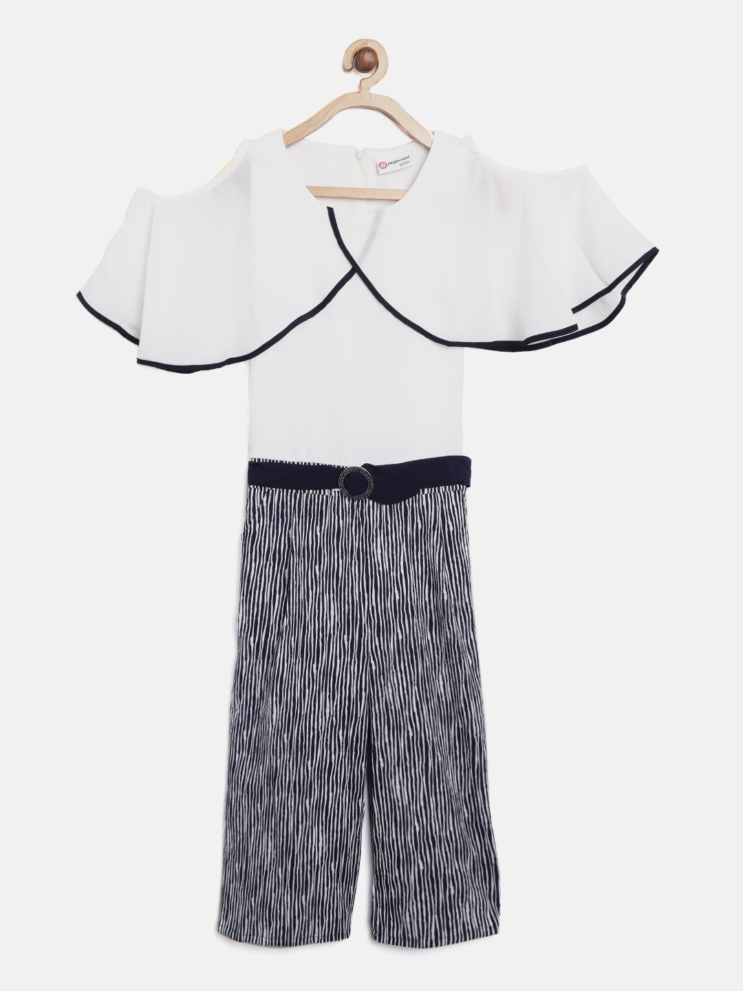 

Peppermint Girls White & Navy Blue Striped Basic Jumpsuit
