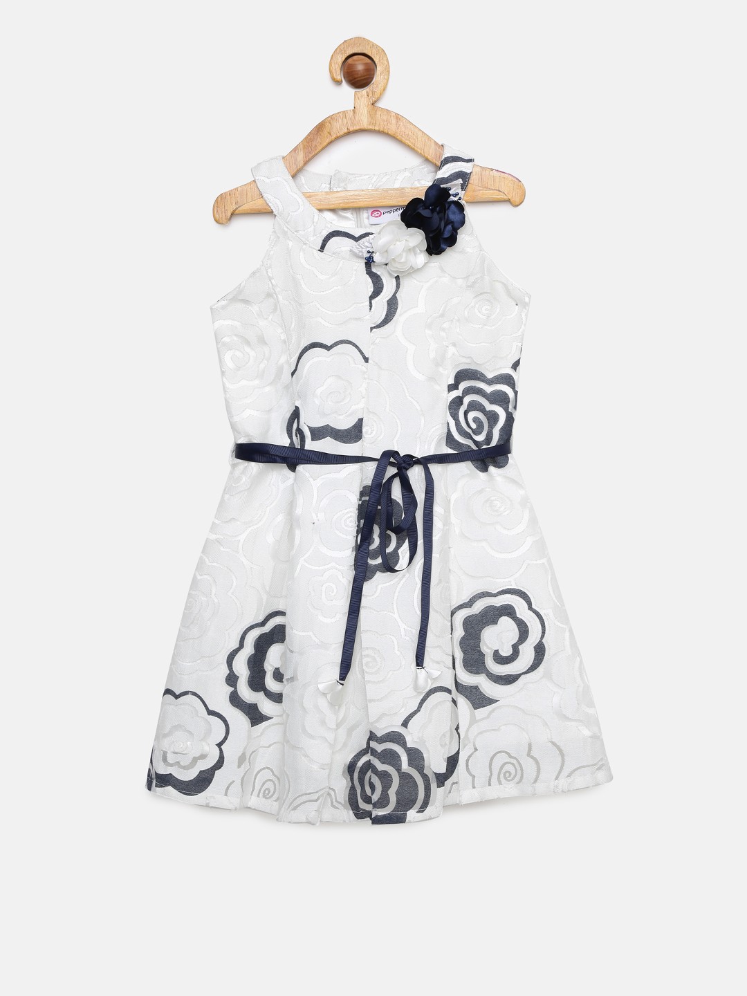 

Peppermint Girls White Self Design A-Line Dress