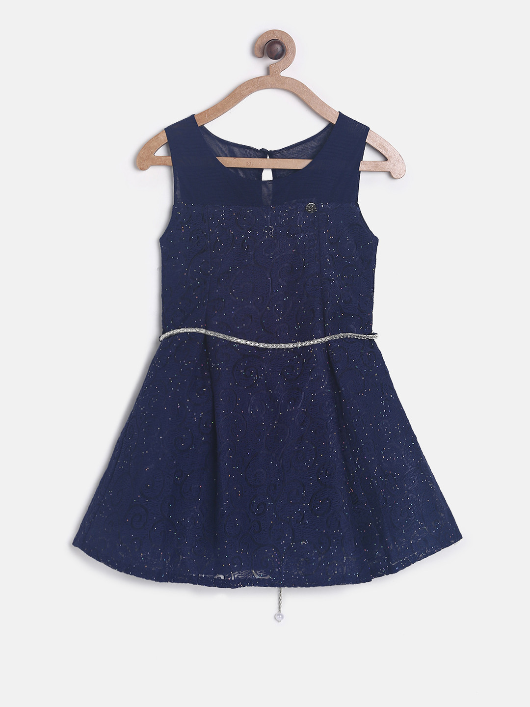 

Peppermint Girls Navy Blue Self Design A-Line Dress
