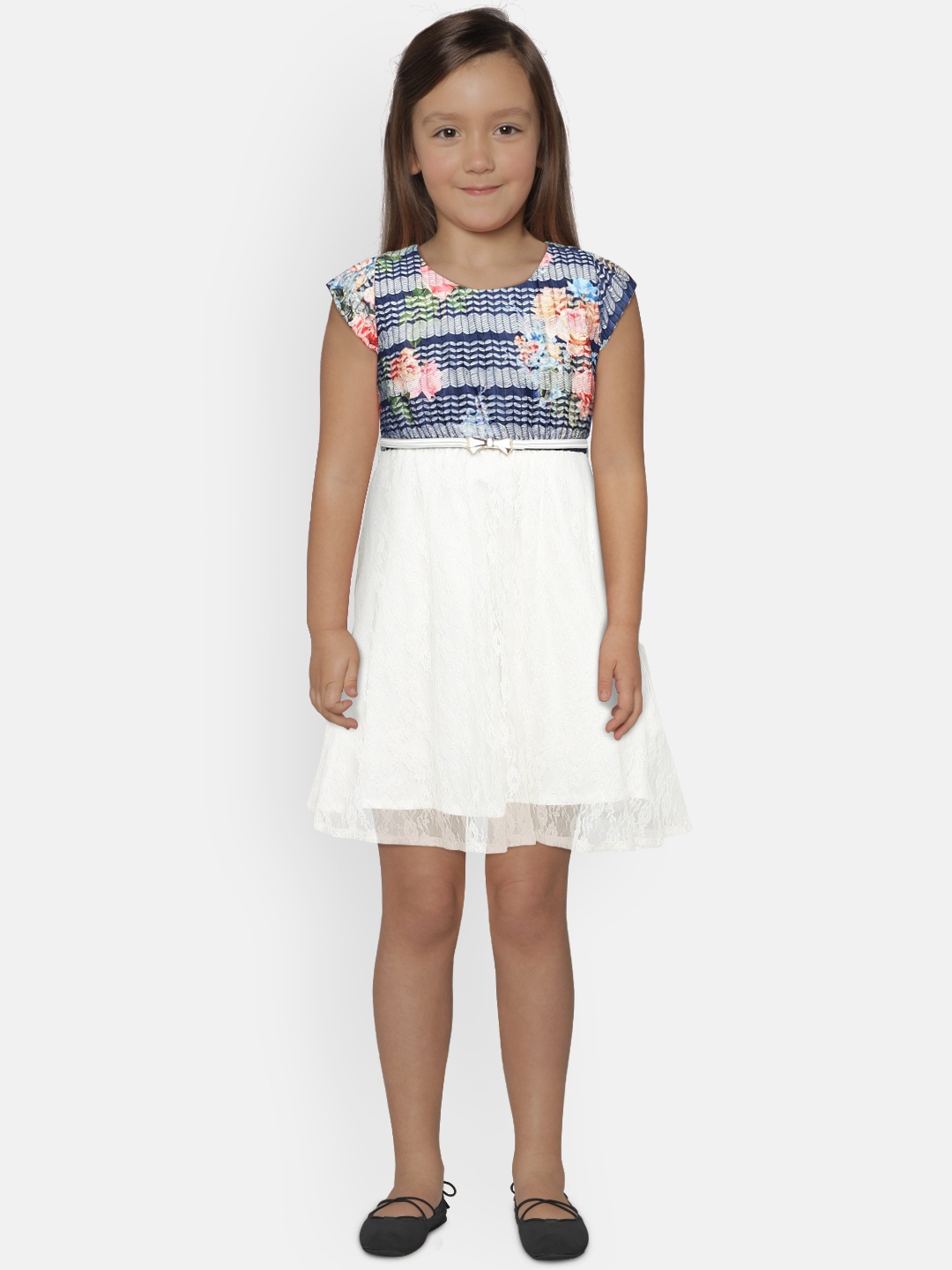 

Peppermint Girls Blue & Off White Printed Fit and Flare Dress
