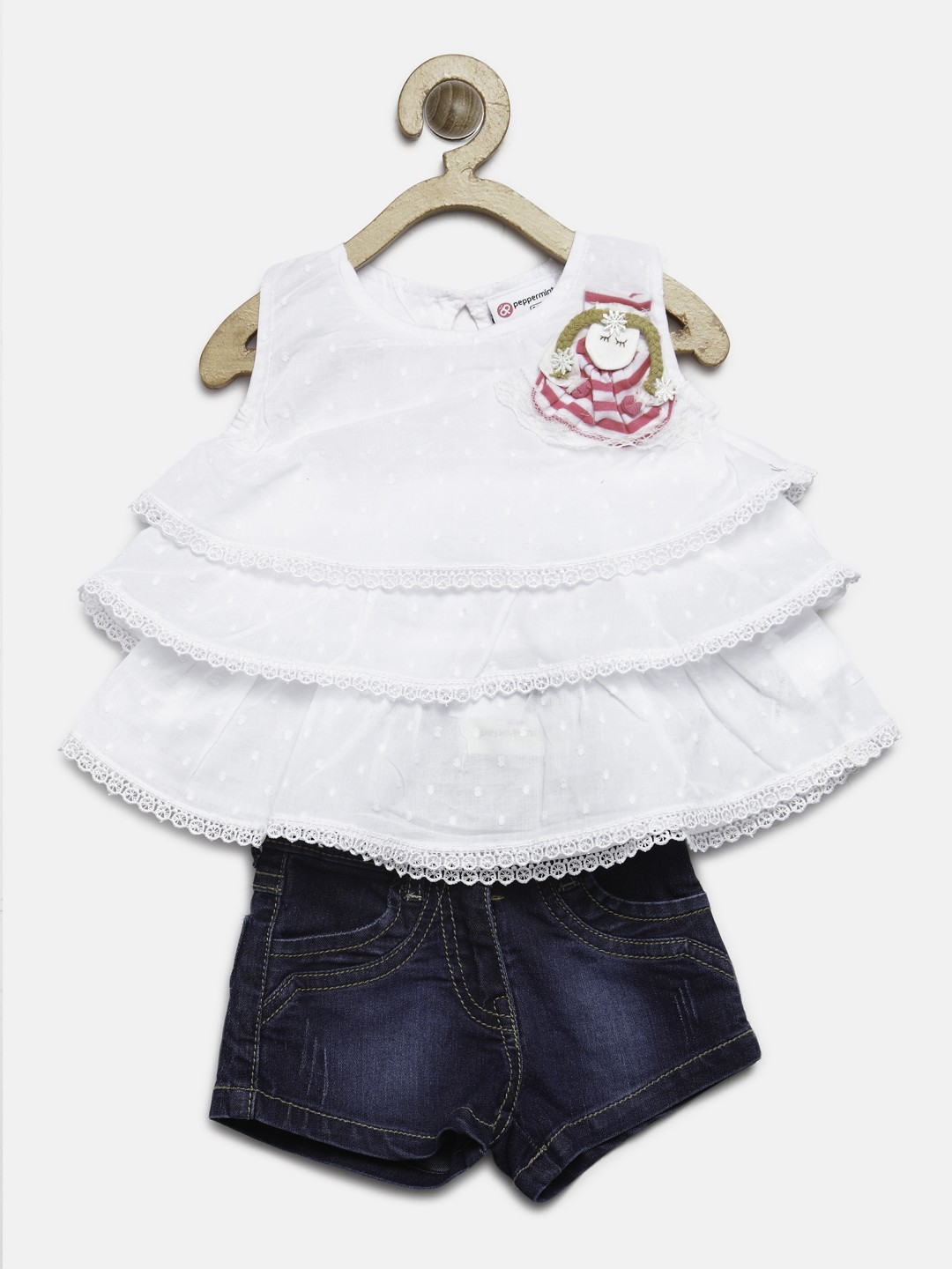 

Peppermint Girls White & Navy Blue Self-Design Top with denim Shorts