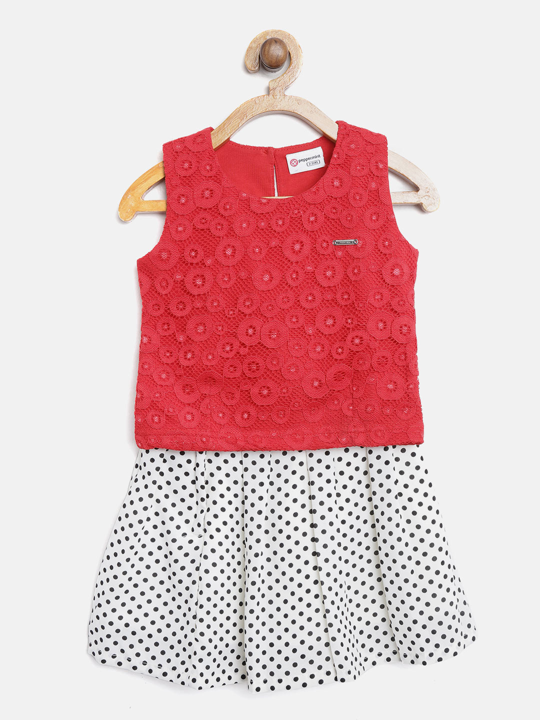 

Peppermint Girls Red Self Design Top with White Printed Skirt