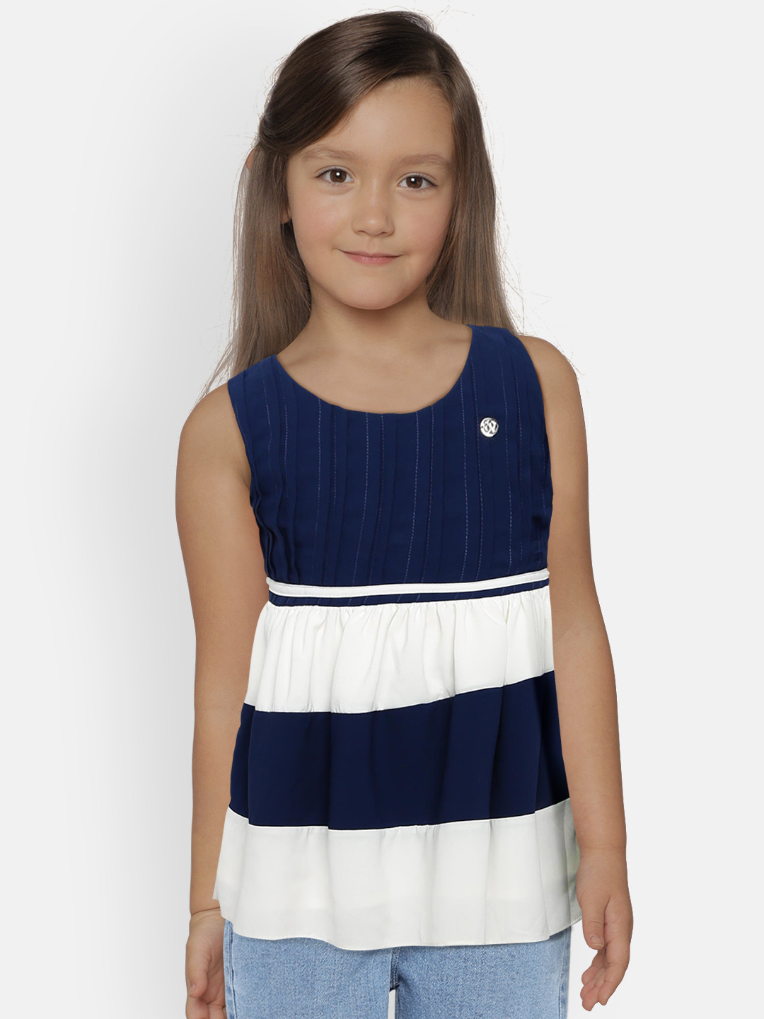 

Peppermint Girls Navy Blue Striped Fit and Flare Dress