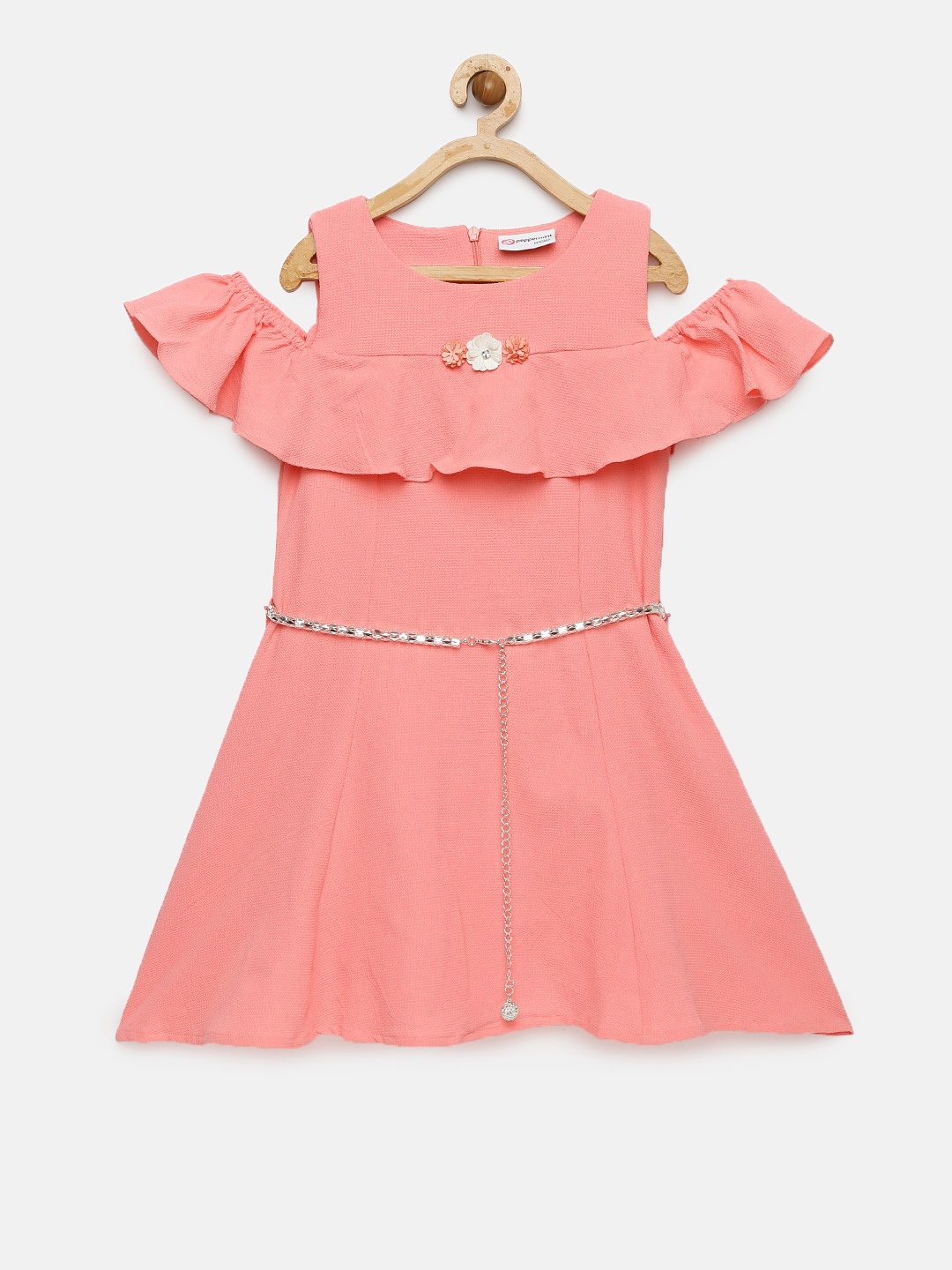 

Peppermint Girls Peach-Coloured Solid A-Line Dress