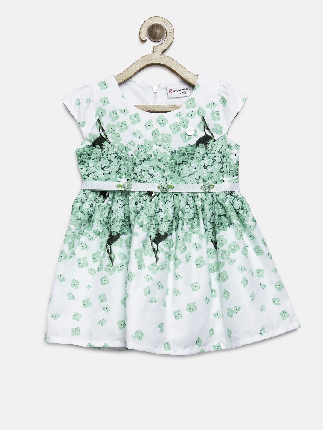 

Peppermint Girls White & Green Printed Fit & Flare Dress