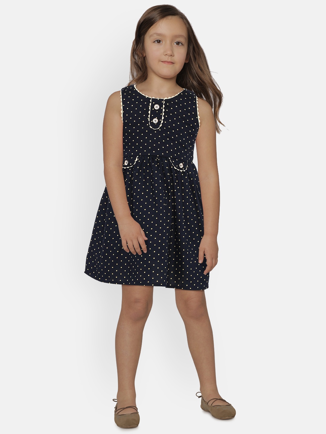 

Peppermint Girls Navy Blue Printed Fit and Flare Dress