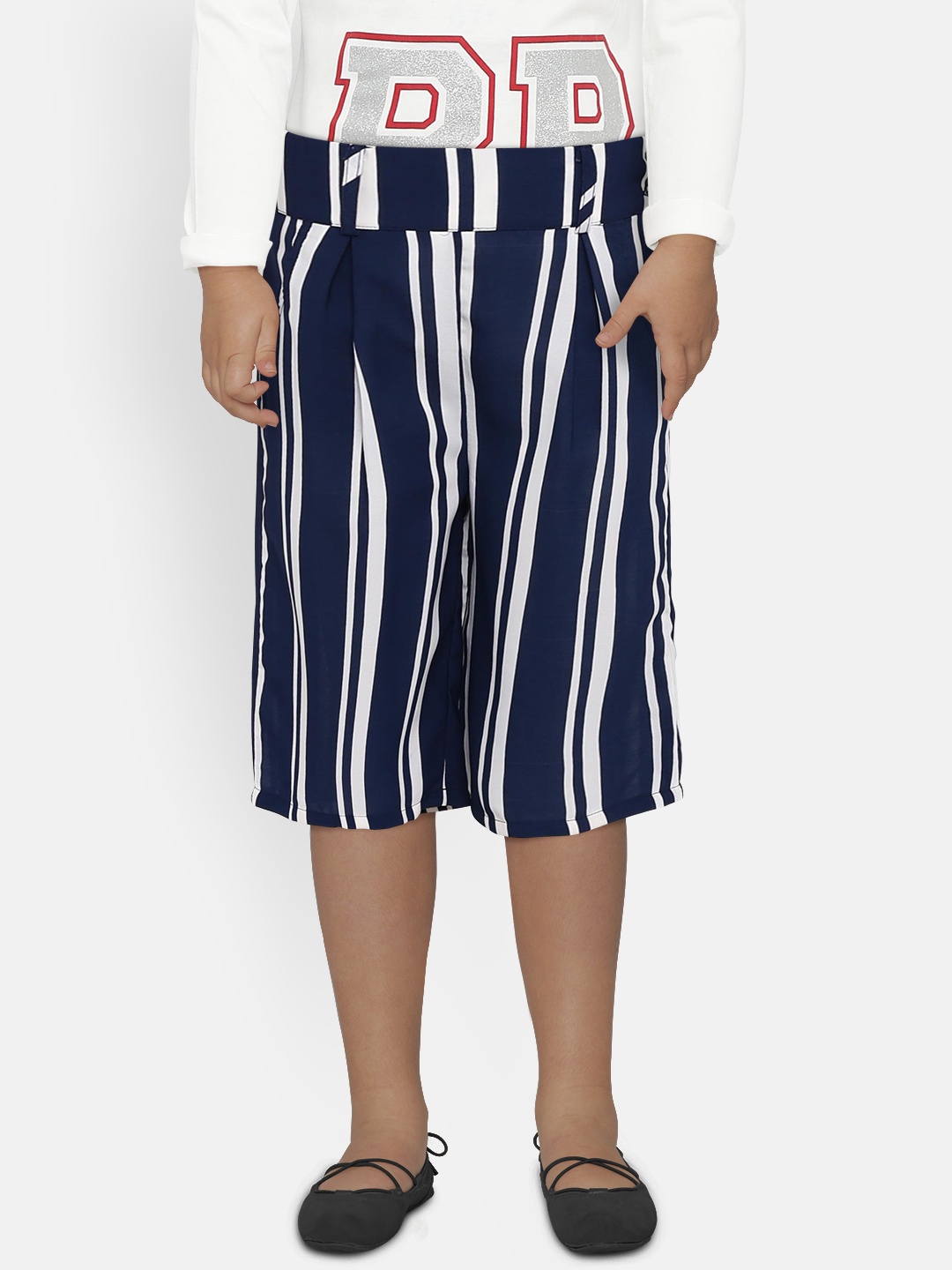 

Peppermint Girls Navy Blue & White Striped Flared Palazzos