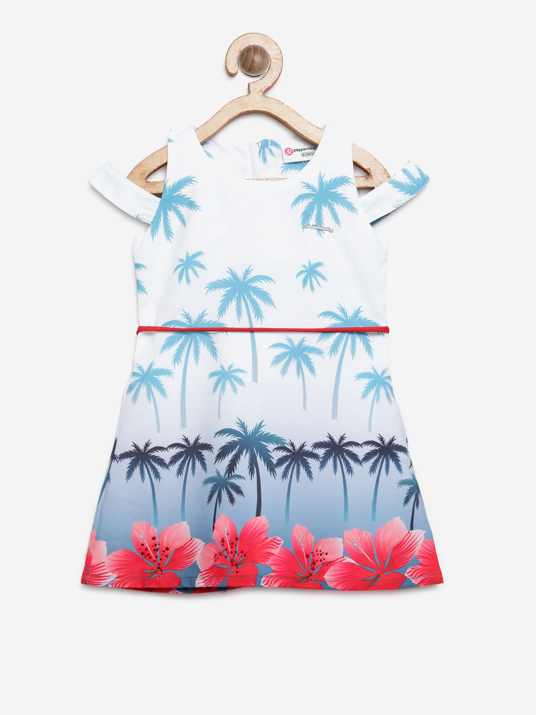 

Peppermint Girls White & Blue Printed A-Line Dress
