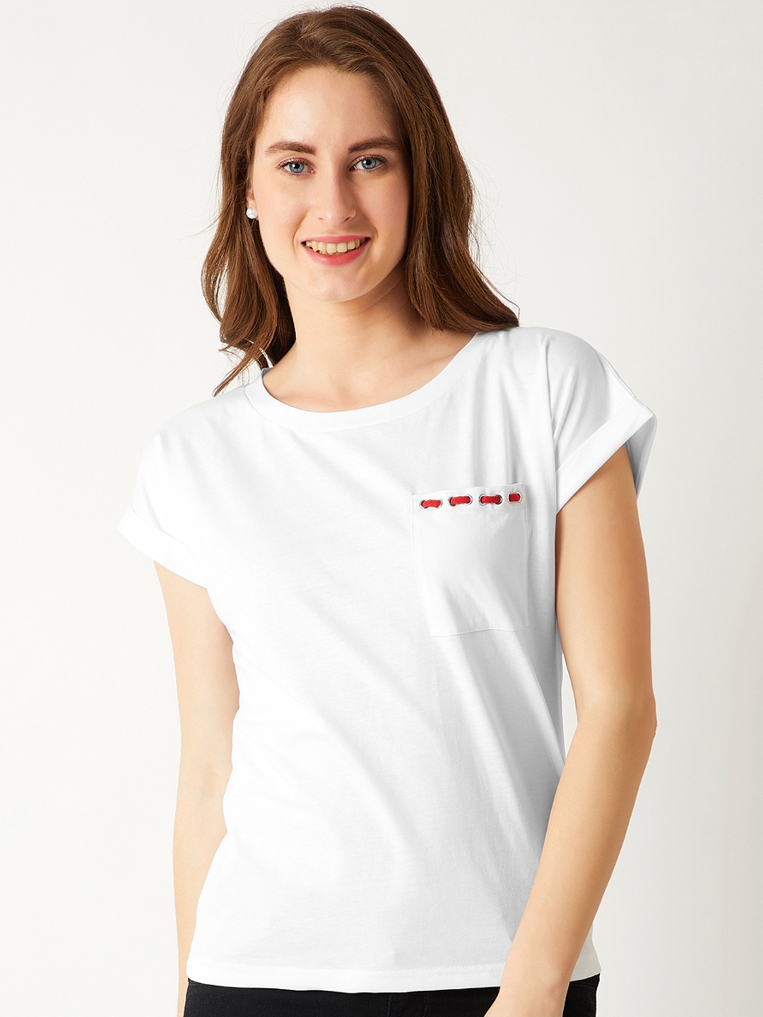 

Miss Chase Women White Solid Round Neck T-Shirt
