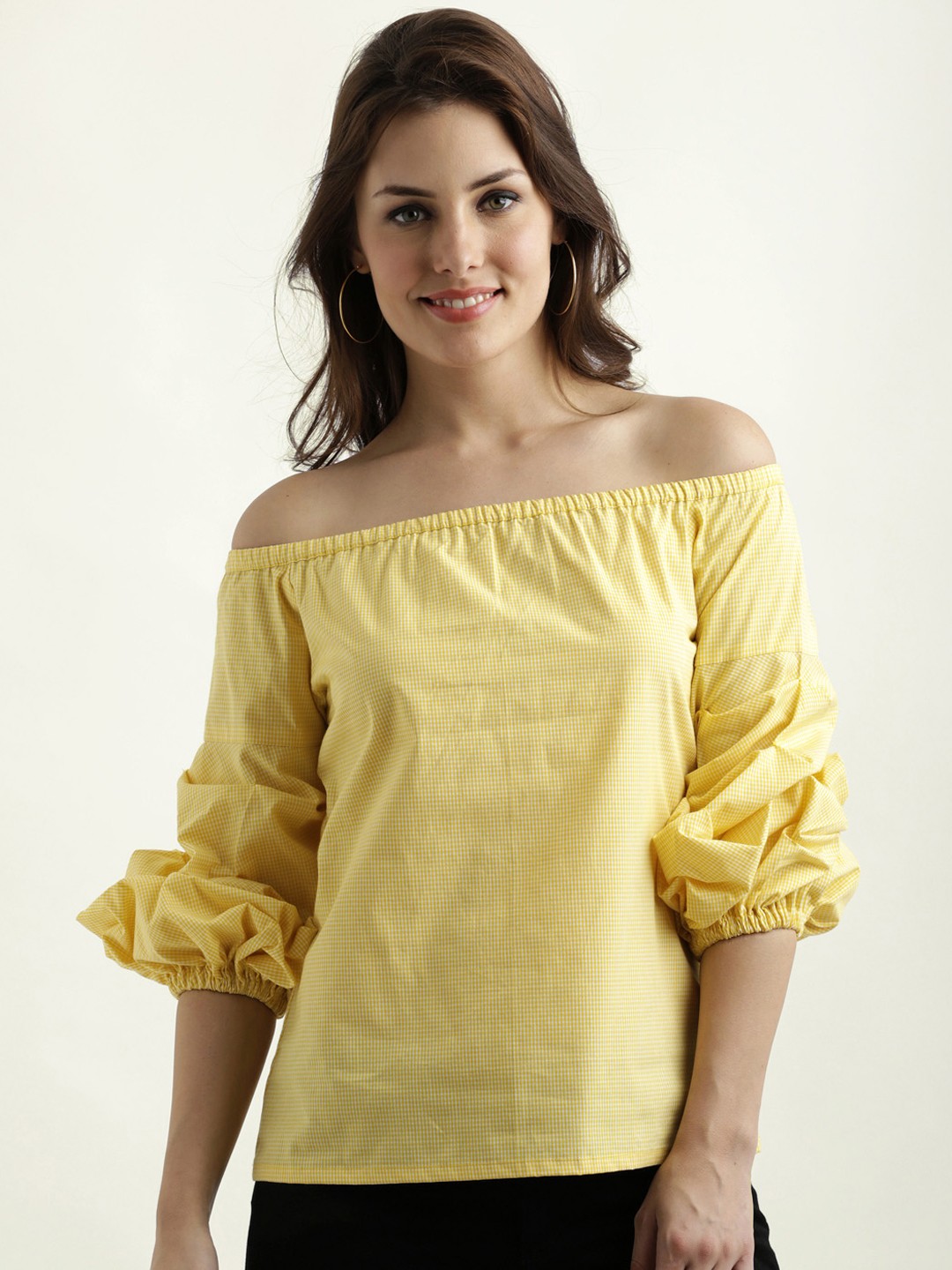 

Miss Chase Women Yellow Checked Bardot Pure Cotton Top