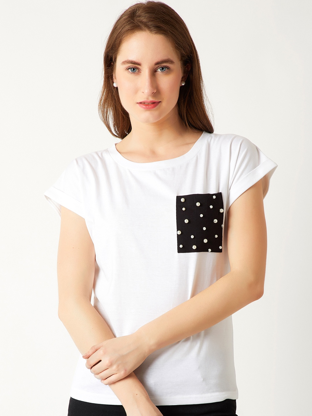 

Miss Chase Women White Solid Round Neck T-Shirt
