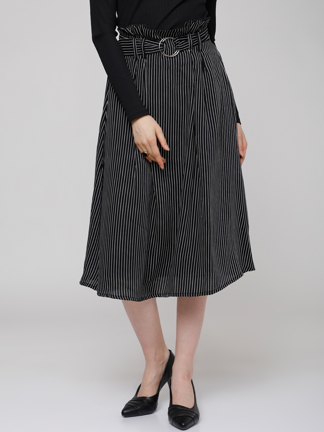 

Tokyo Talkies Women Black Striped A-Line Skirt