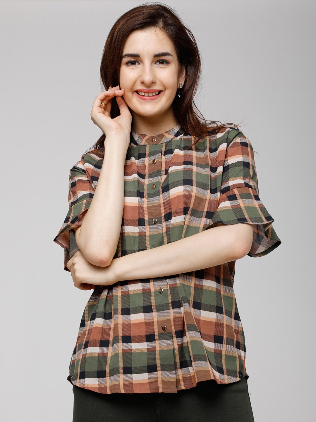 

Tokyo Talkies Women Olive Green Checked A-Line Top