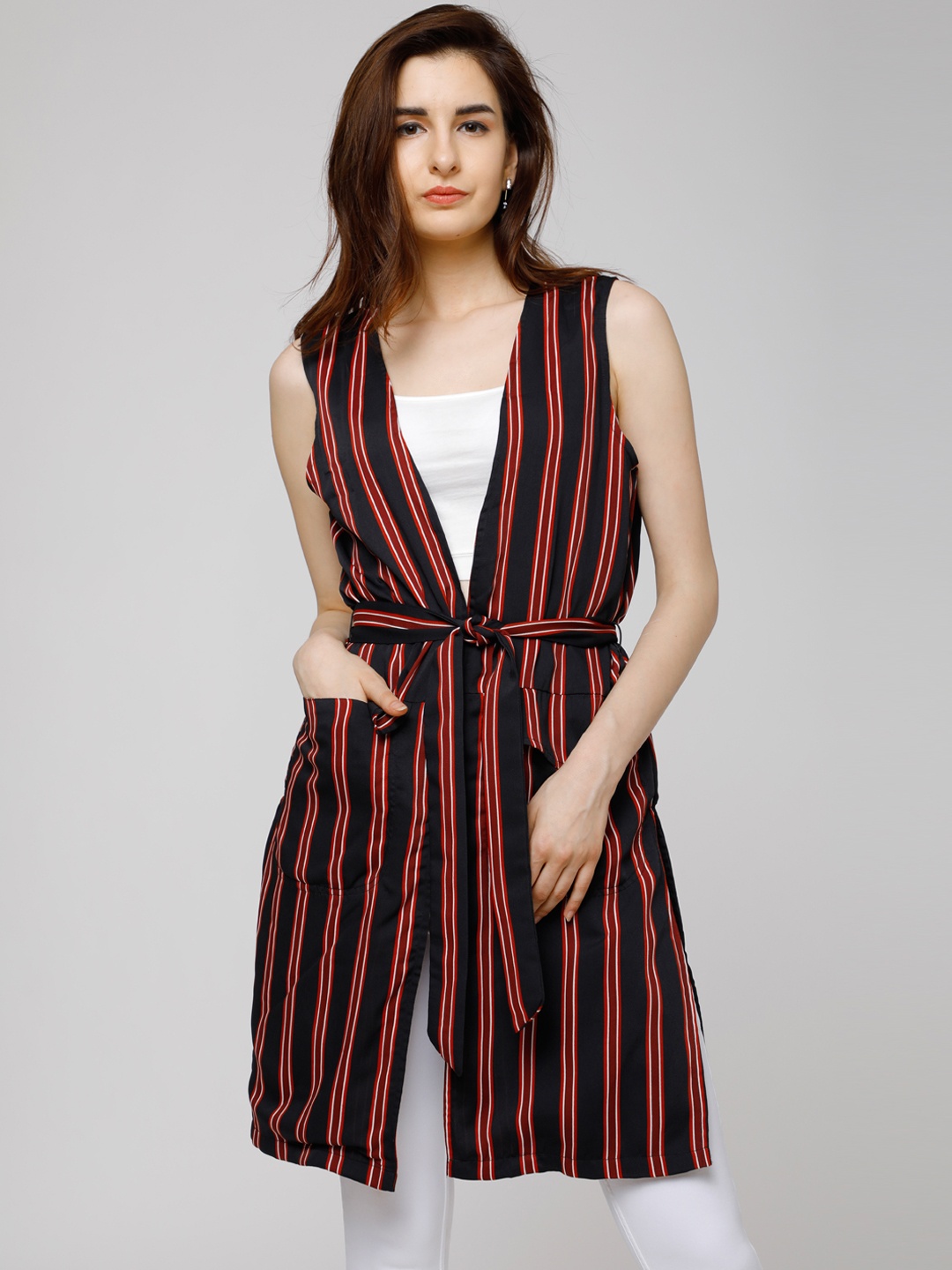 

Tokyo Talkies Black & Red Striped Tie-Up Shrug