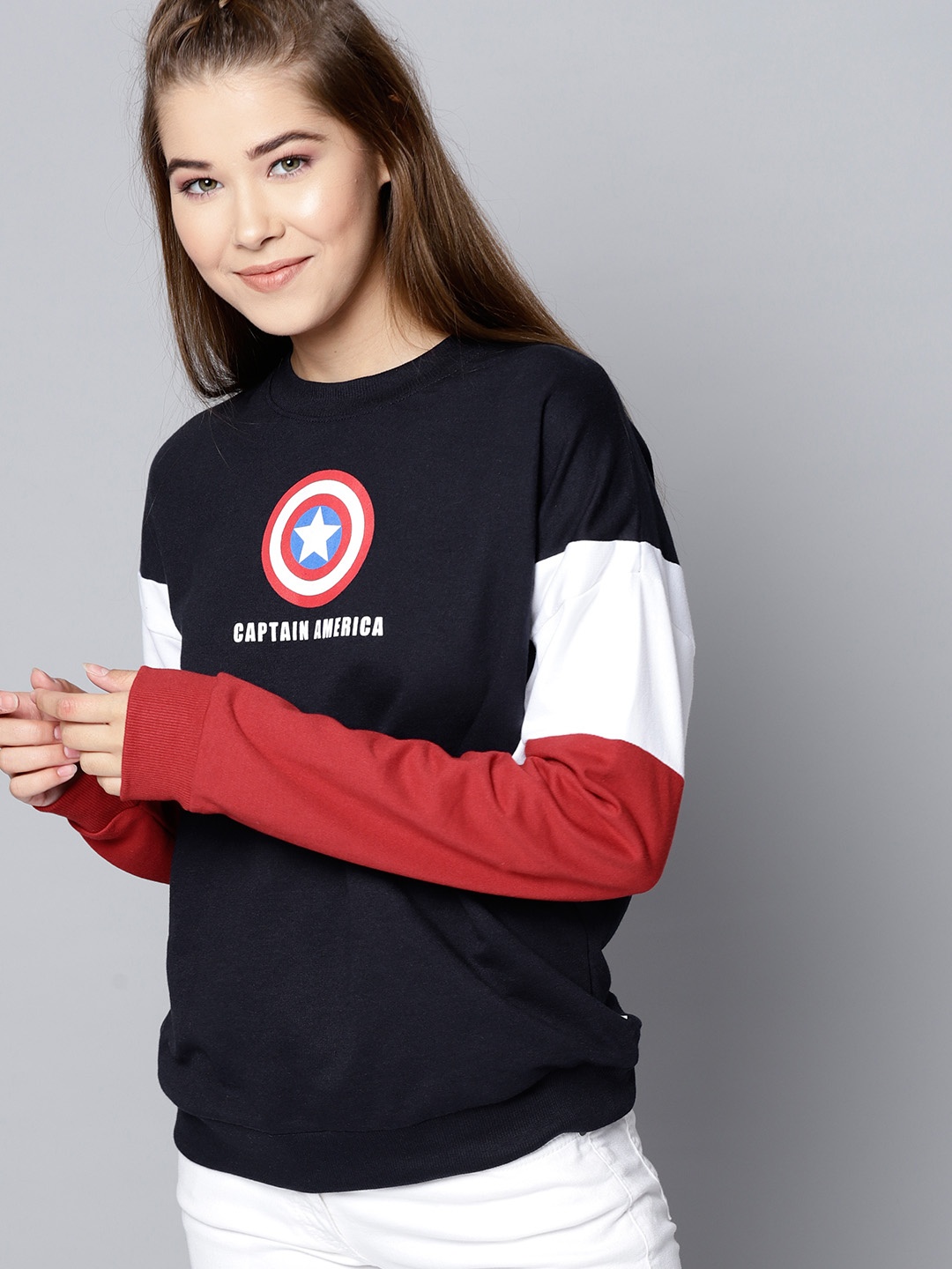 

Kook N Keech Marvel Women Navy Blue & Red Colourblocked Sweatshirt