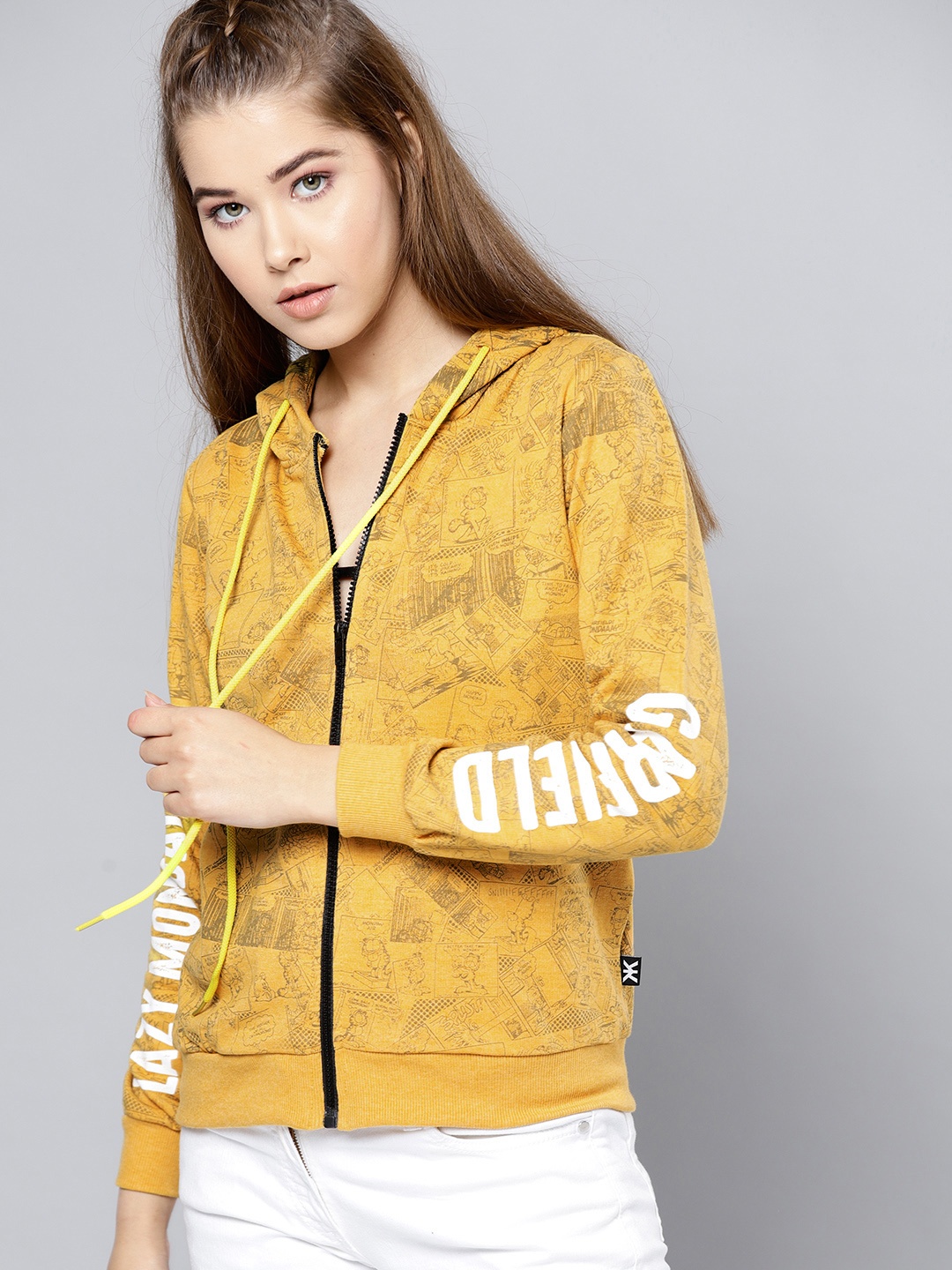 

Kook N Keech Garfield Women Mustard Yellow Printed Hooded Sweatshirt