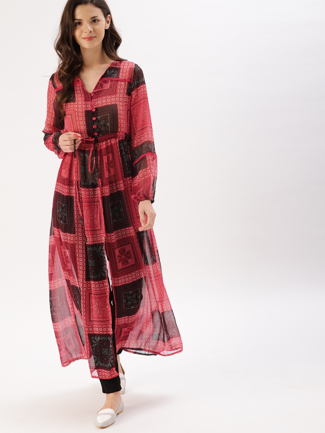 

DressBerry Women Red Printed Semi-Sheer Maxi Top