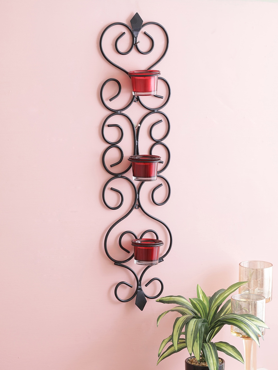 

Home Sparkle Black Vertical Iron Tealight Candle Holders with 3 Glass Cups