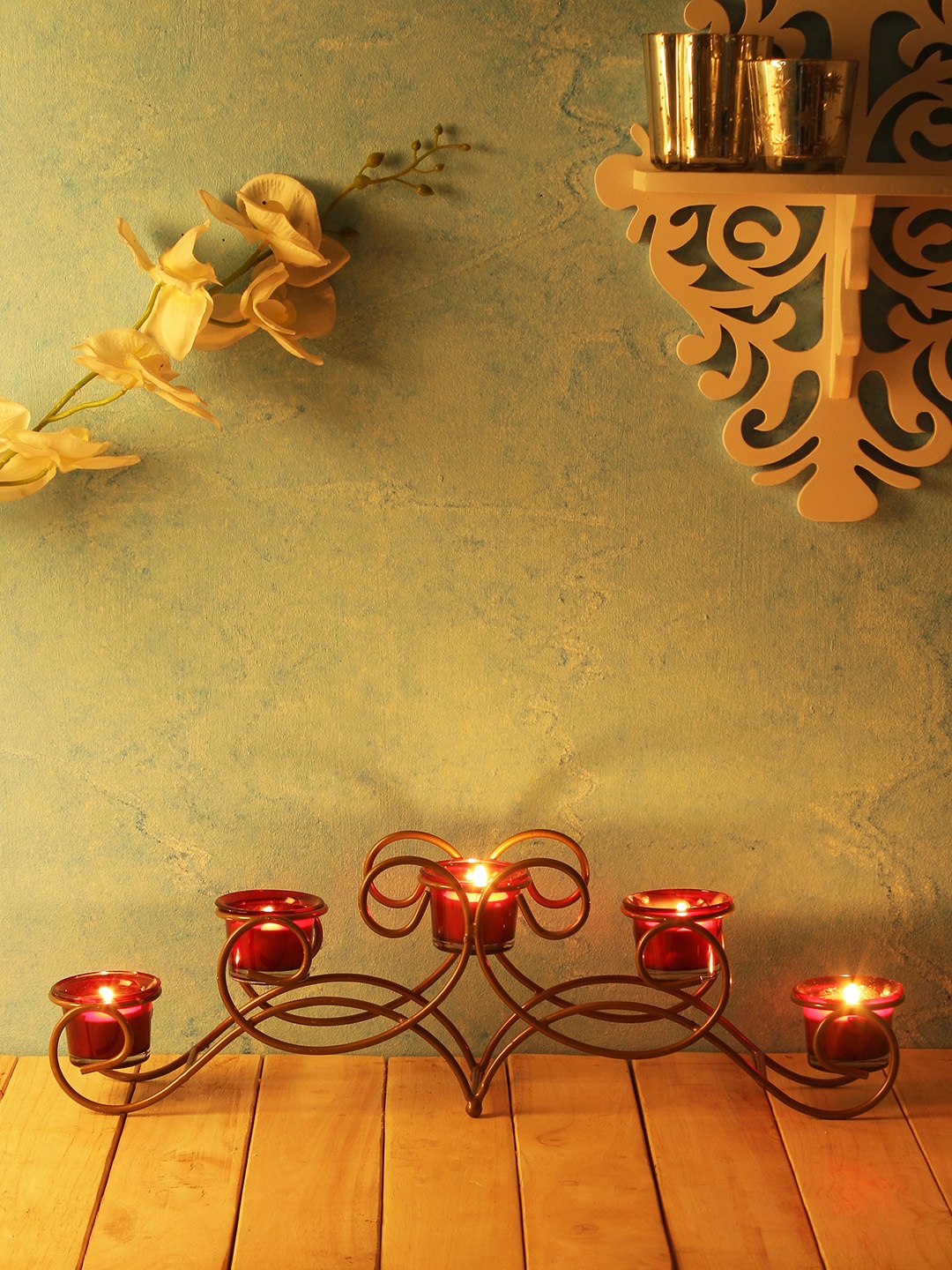

Home Sparkle Gold-Toned Iron Five-Arm Candle Holder with 5 Glass Cups