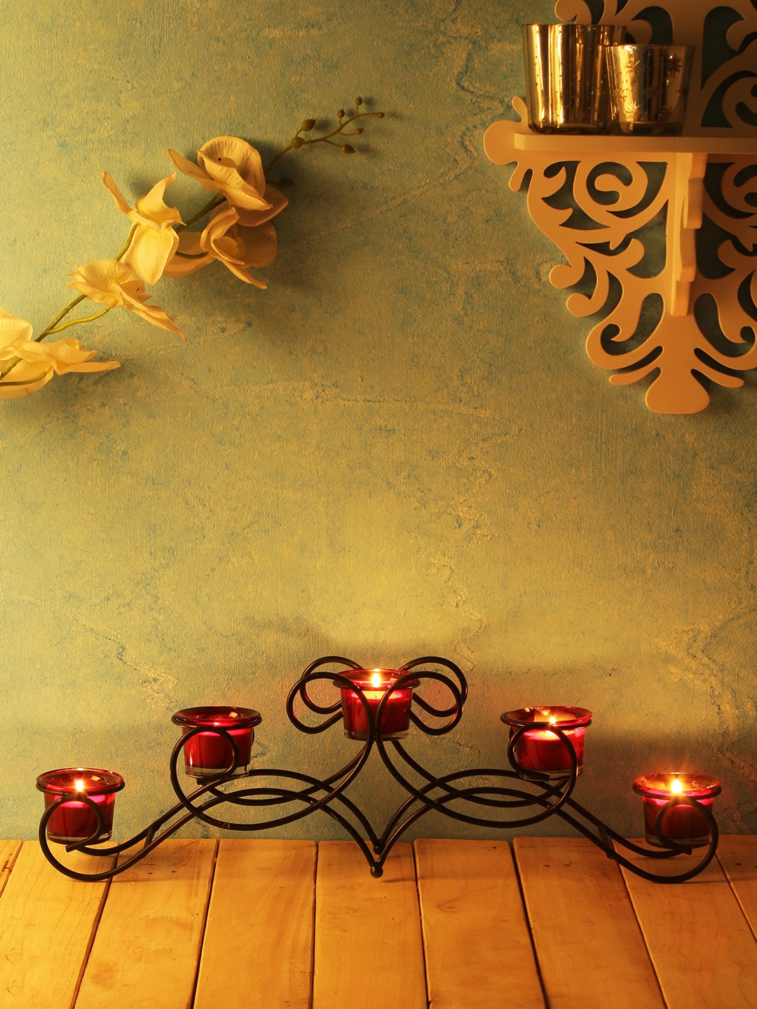 

Home Sparkle Black Iron Five-Arm Candle Holder with 5 Glass Cups