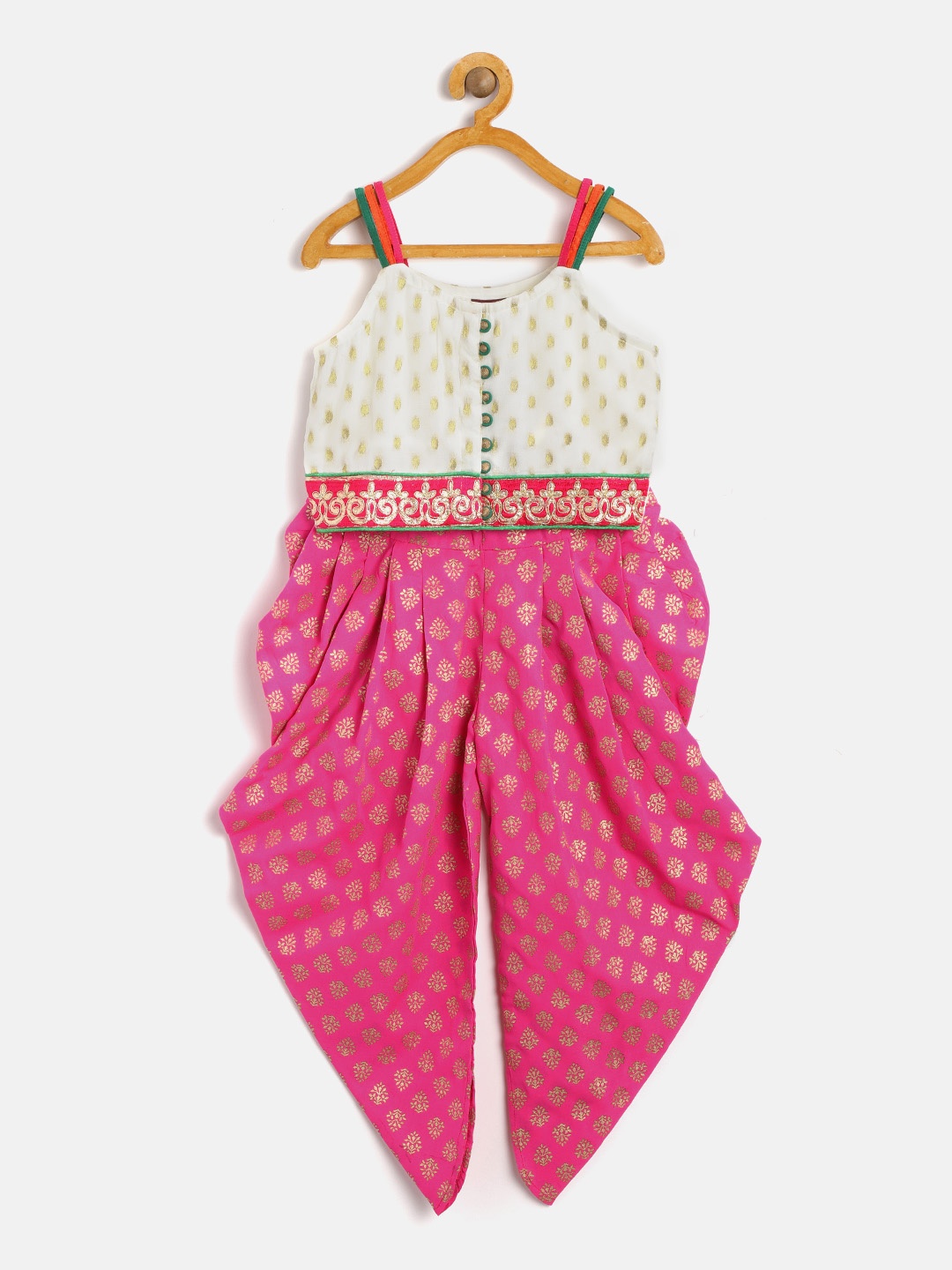 

Twisha Girls Off-White & Pink Self-Design Top with Printed Dhoti Pants