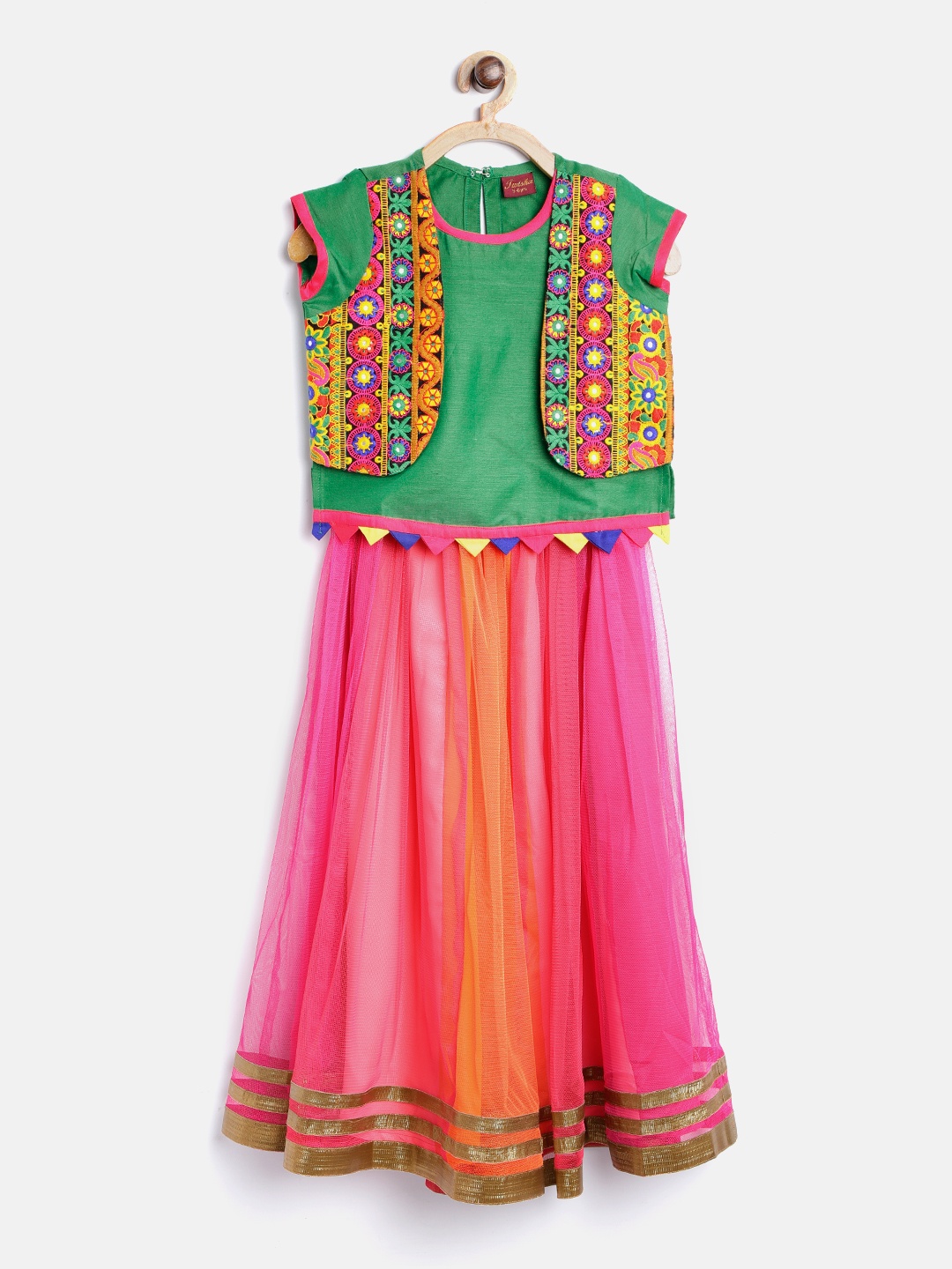 

Twisha Girls Pink & Green Embroidered Ready to Wear Lehenga Choli